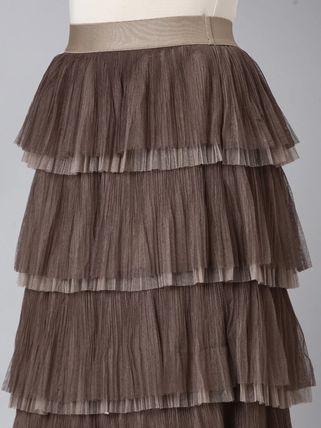 Women Solid Brown Tiered Midi Skirt