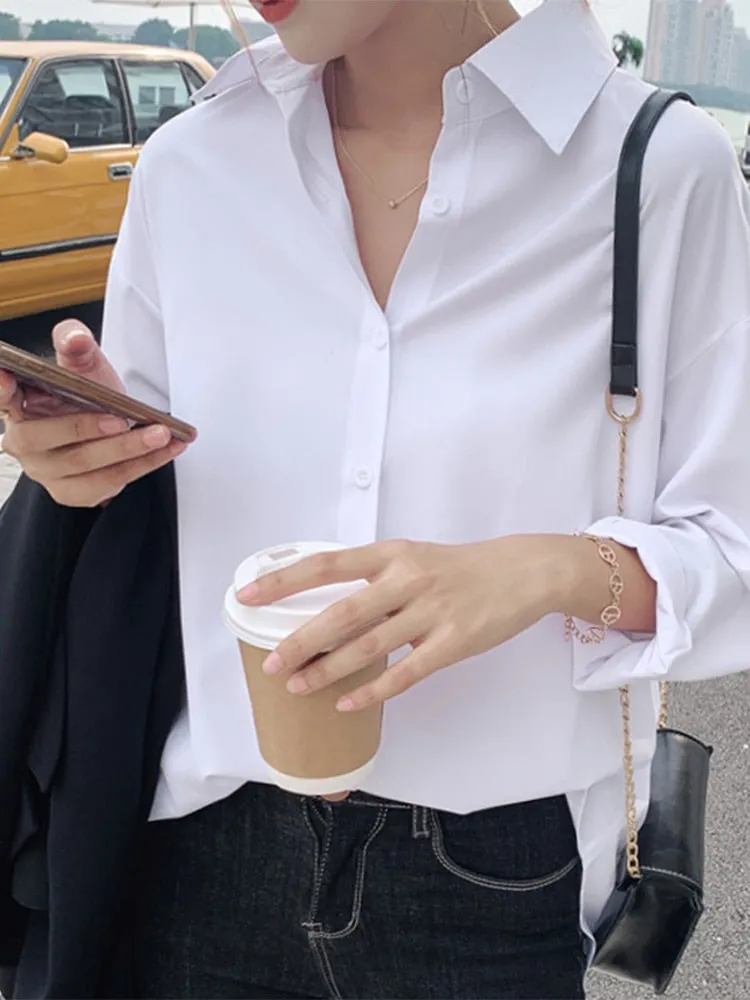 Women Summer New Arrival  Solid Black Chiffon Long Sleeve Casual Shirt Blouse - WSB8540