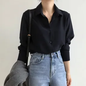 Women Summer New Arrival  Solid Black Chiffon Long Sleeve Casual Shirt Blouse - WSB8540