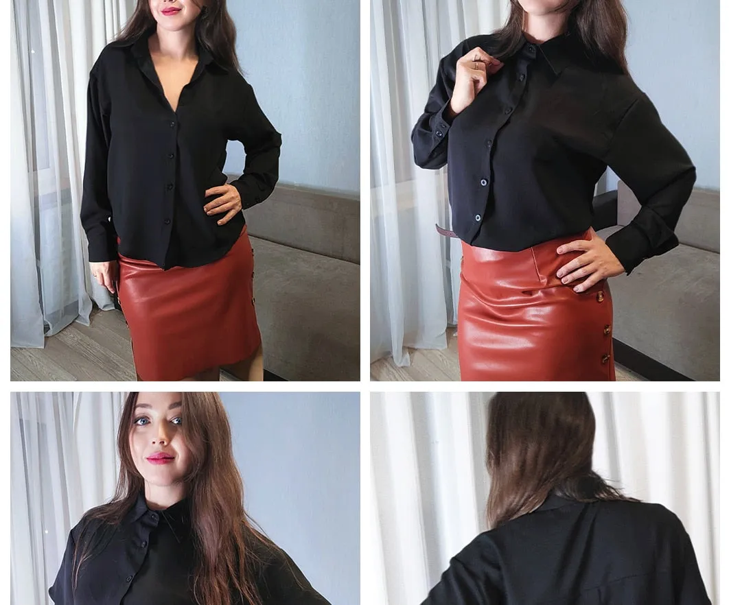 Women Summer New Arrival  Solid Black Chiffon Long Sleeve Casual Shirt Blouse - WSB8540