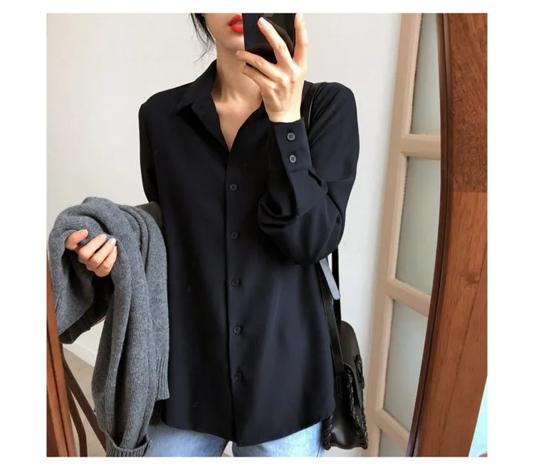 Women Summer New Arrival  Solid Black Chiffon Long Sleeve Casual Shirt Blouse - WSB8540