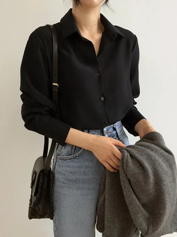 Women Summer New Arrival  Solid Black Chiffon Long Sleeve Casual Shirt Blouse - WSB8540