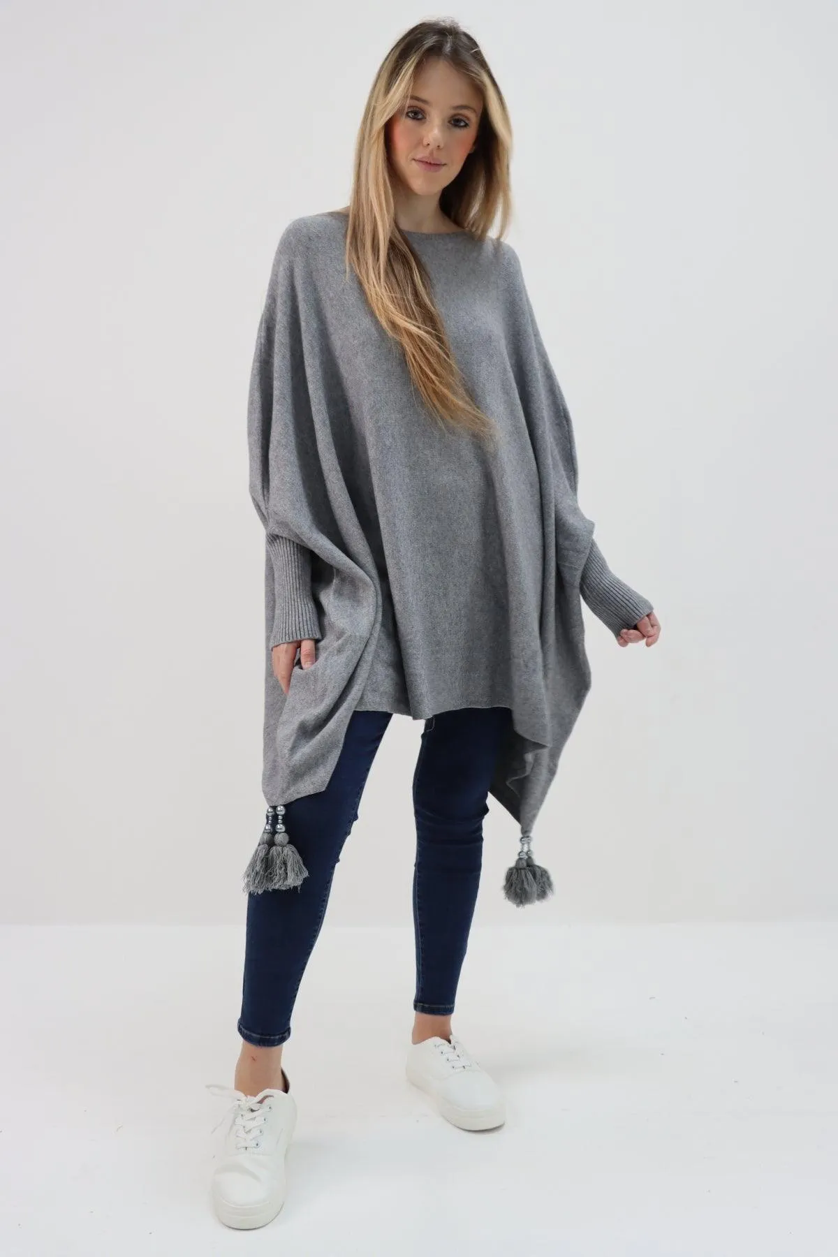 Womens Tassel Poncho Round Neck Knitted Jumper Top