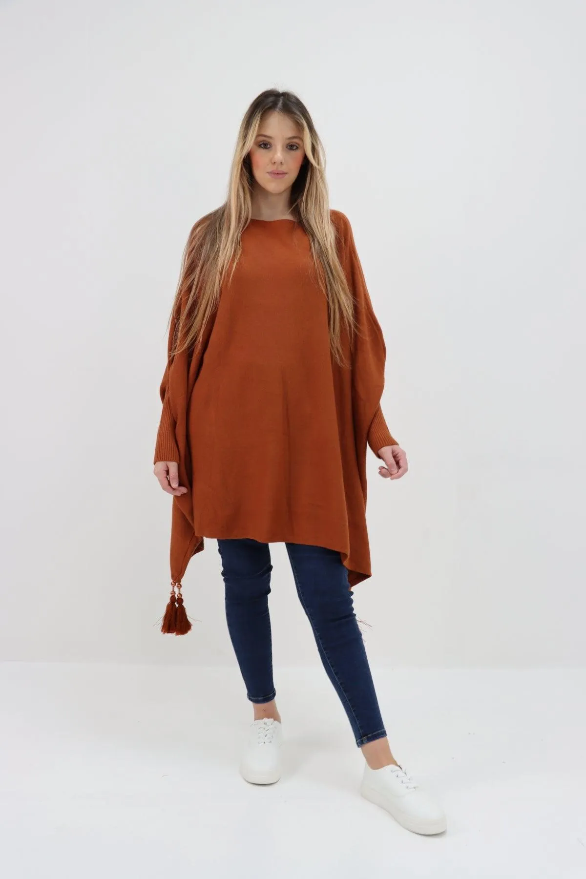 Womens Tassel Poncho Round Neck Knitted Jumper Top