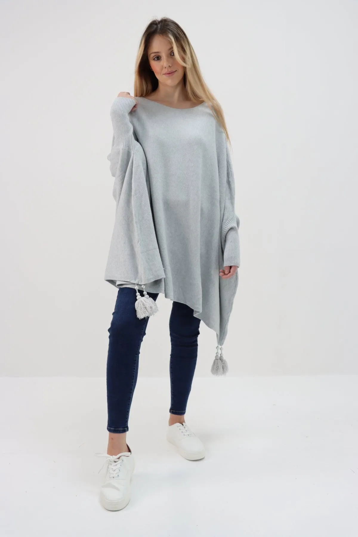 Womens Tassel Poncho Round Neck Knitted Jumper Top
