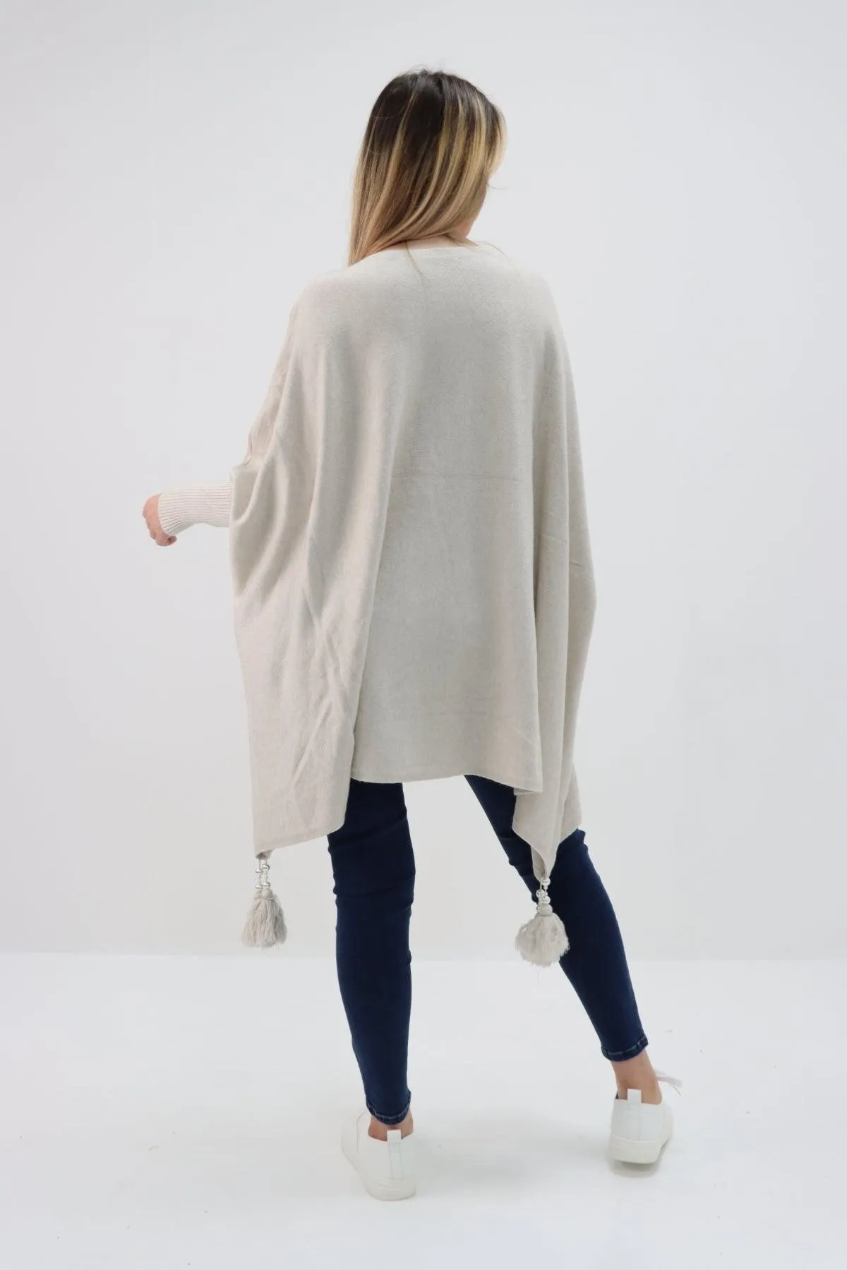 Womens Tassel Poncho Round Neck Knitted Jumper Top