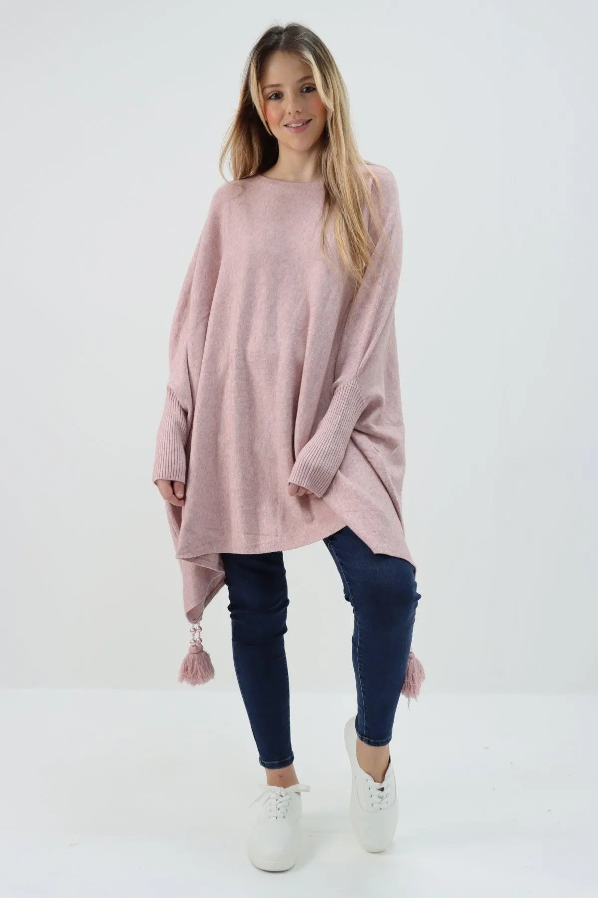 Womens Tassel Poncho Round Neck Knitted Jumper Top