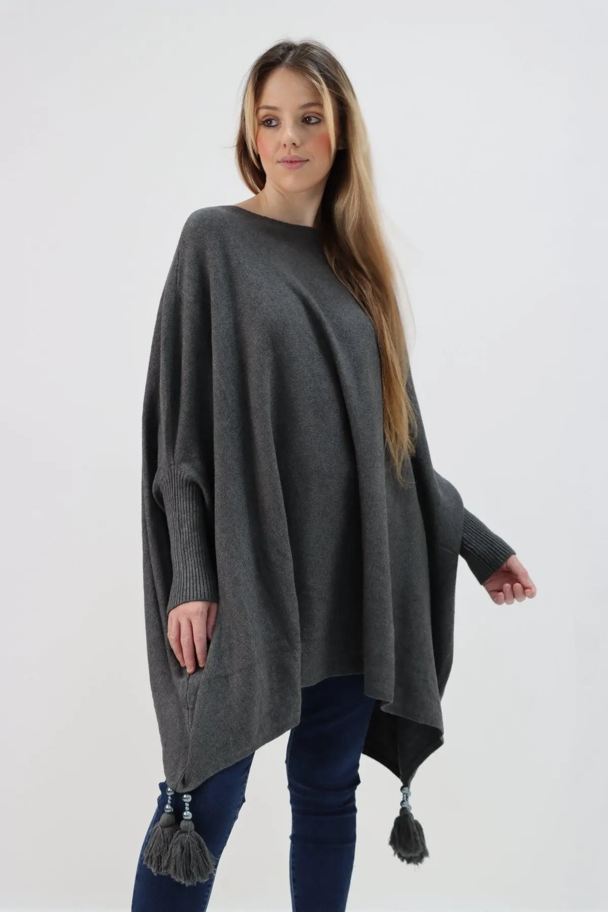 Womens Tassel Poncho Round Neck Knitted Jumper Top