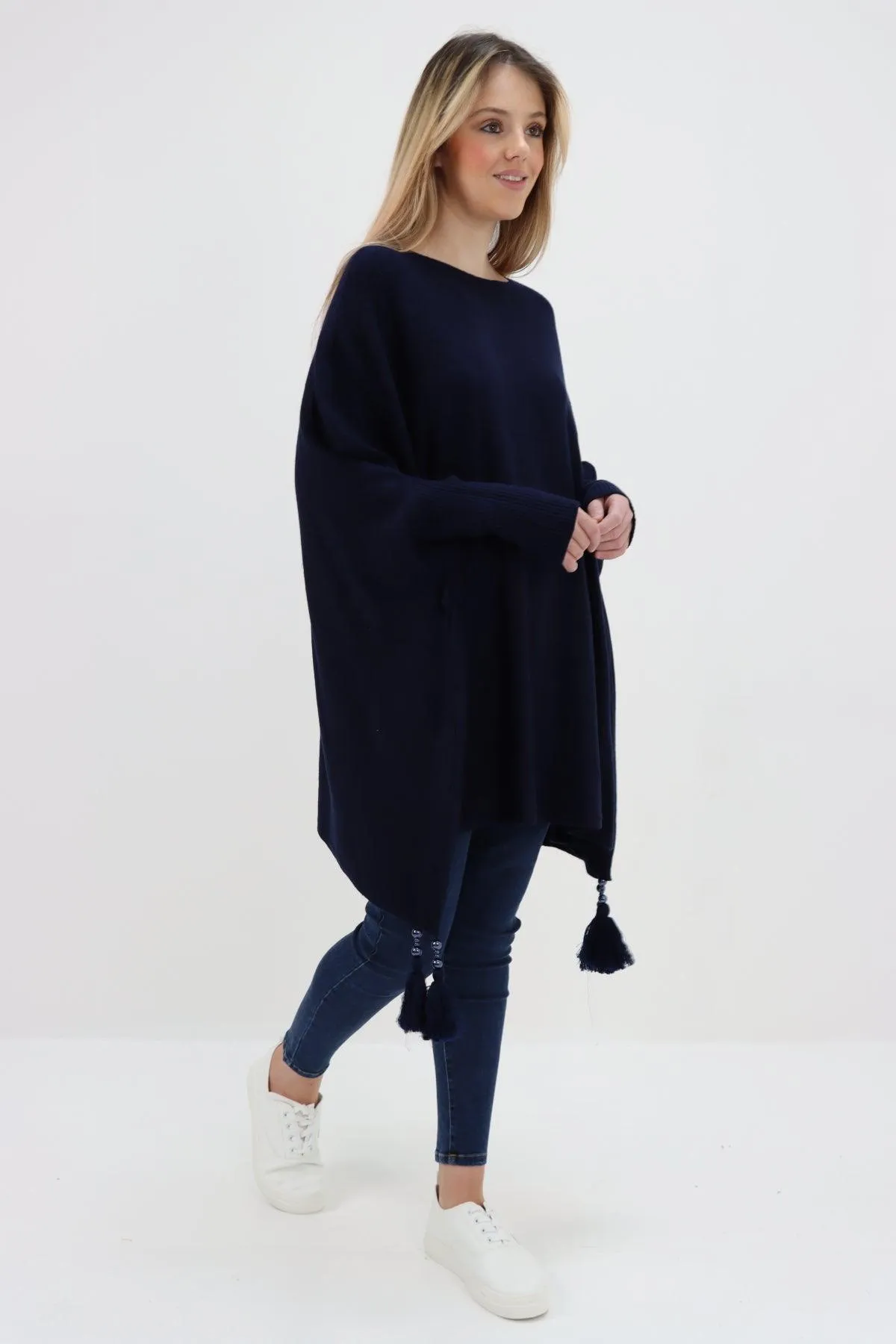 Womens Tassel Poncho Round Neck Knitted Jumper Top