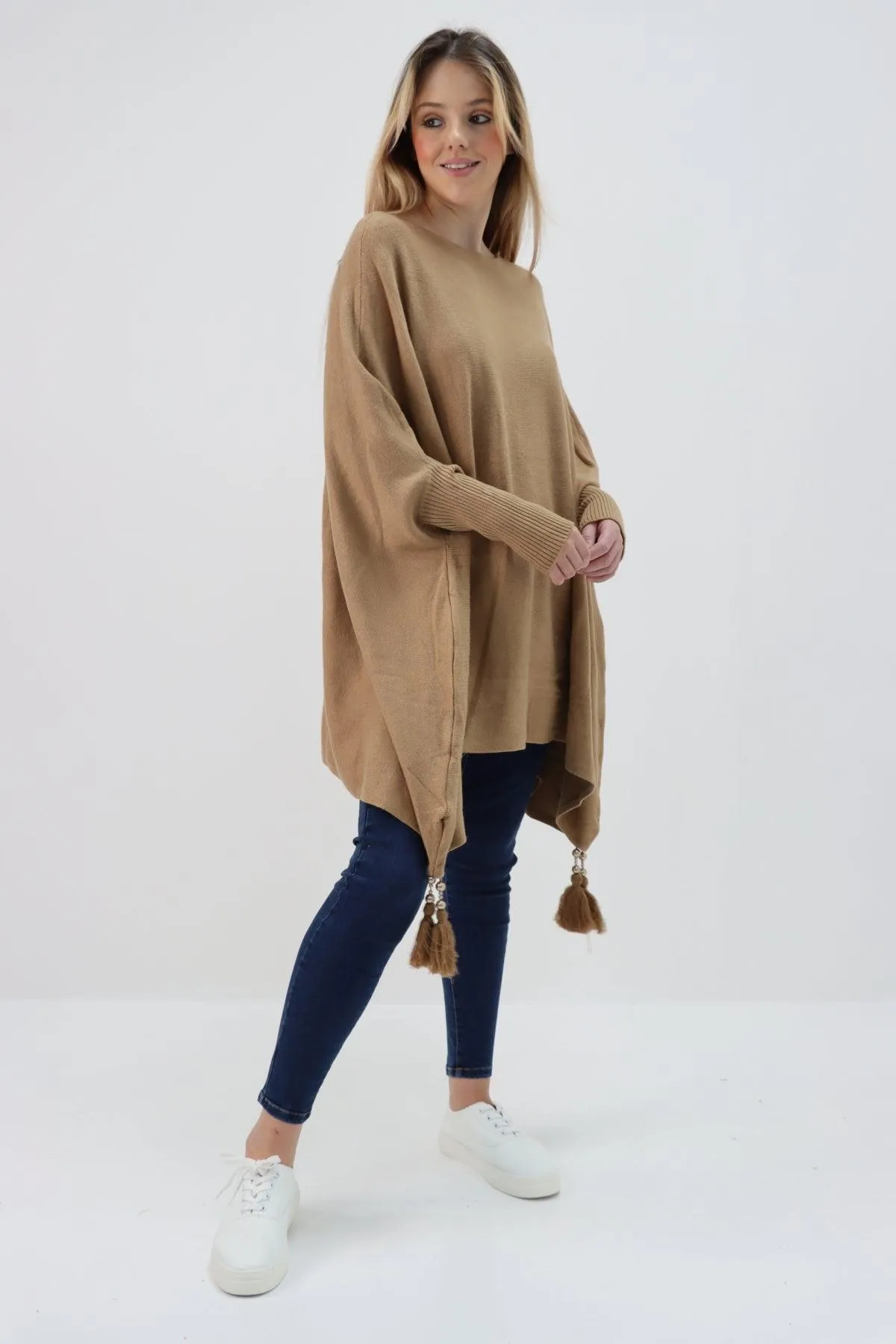 Womens Tassel Poncho Round Neck Knitted Jumper Top
