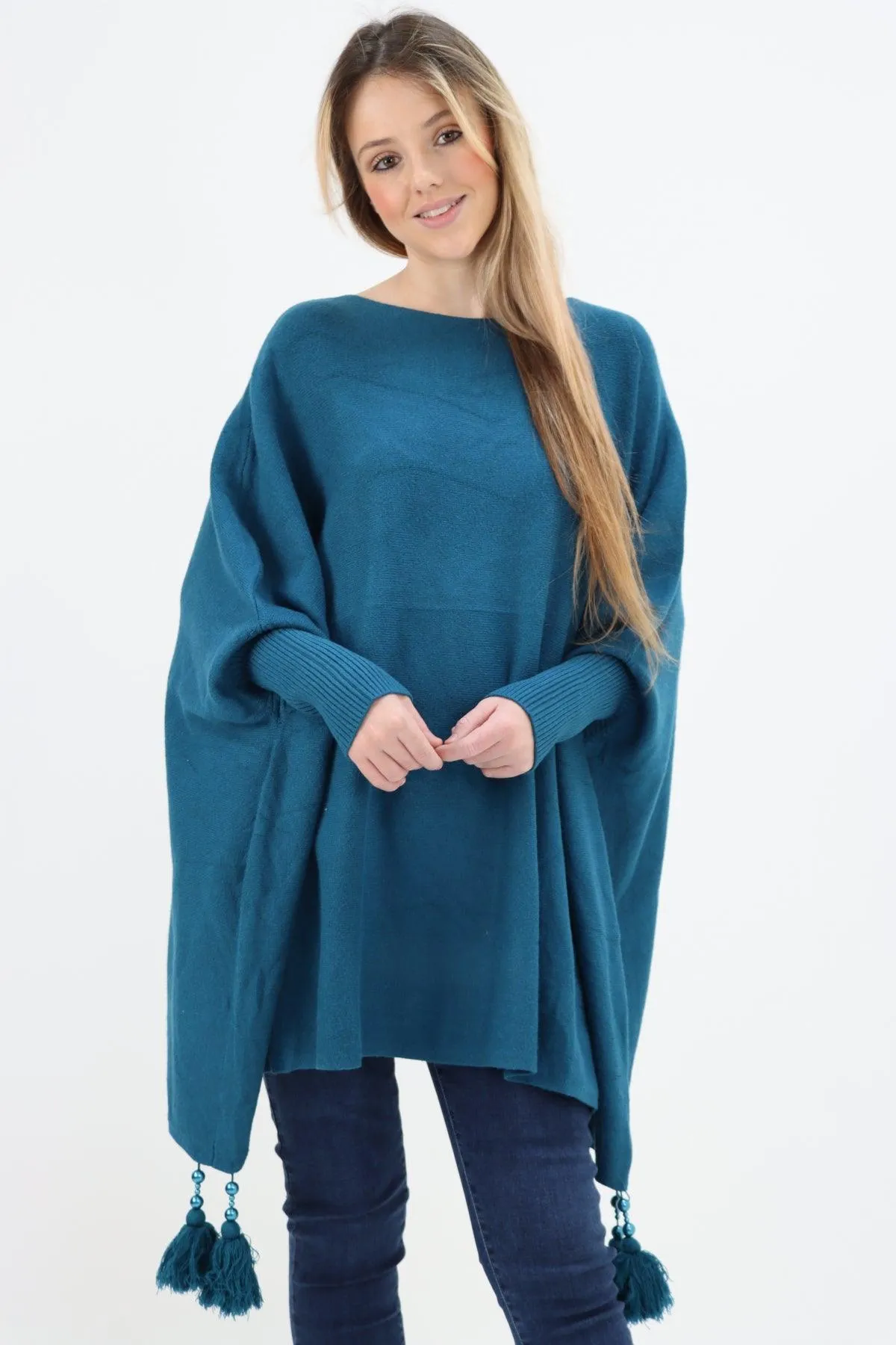 Womens Tassel Poncho Round Neck Knitted Jumper Top