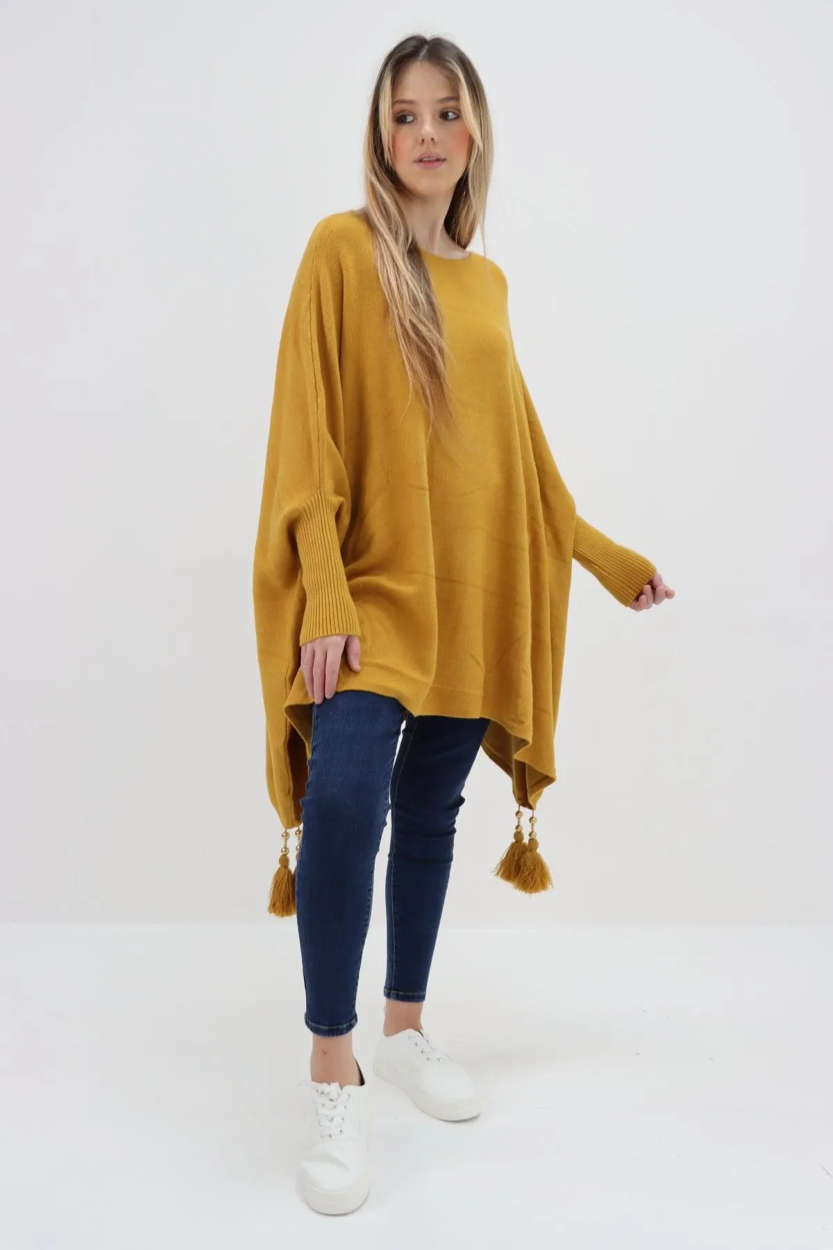 Womens Tassel Poncho Round Neck Knitted Jumper Top