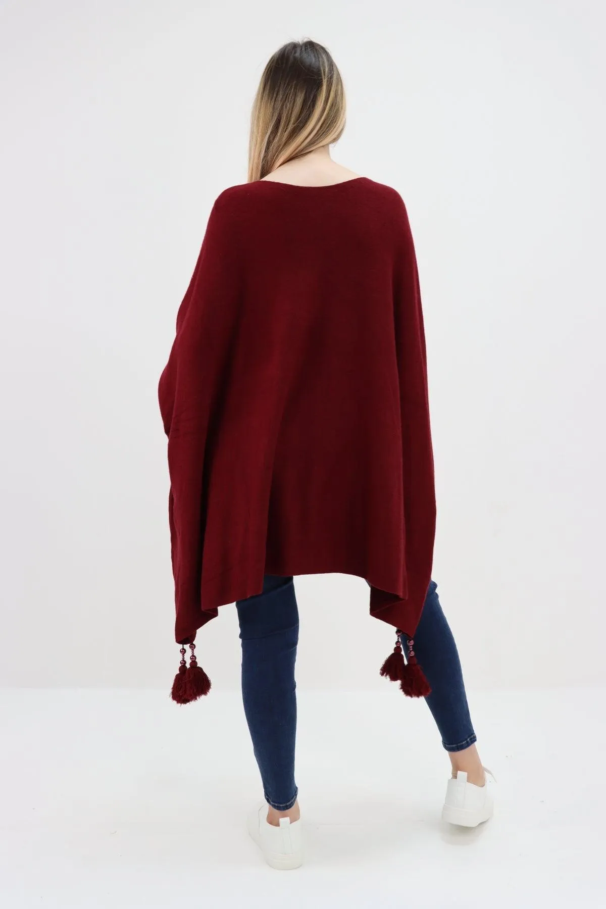 Womens Tassel Poncho Round Neck Knitted Jumper Top