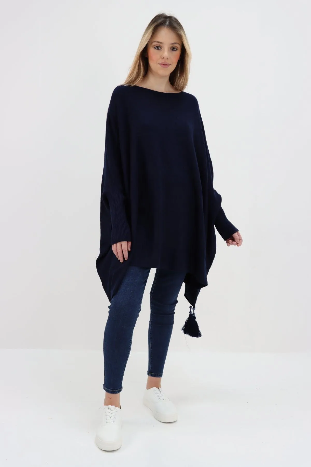 Womens Tassel Poncho Round Neck Knitted Jumper Top