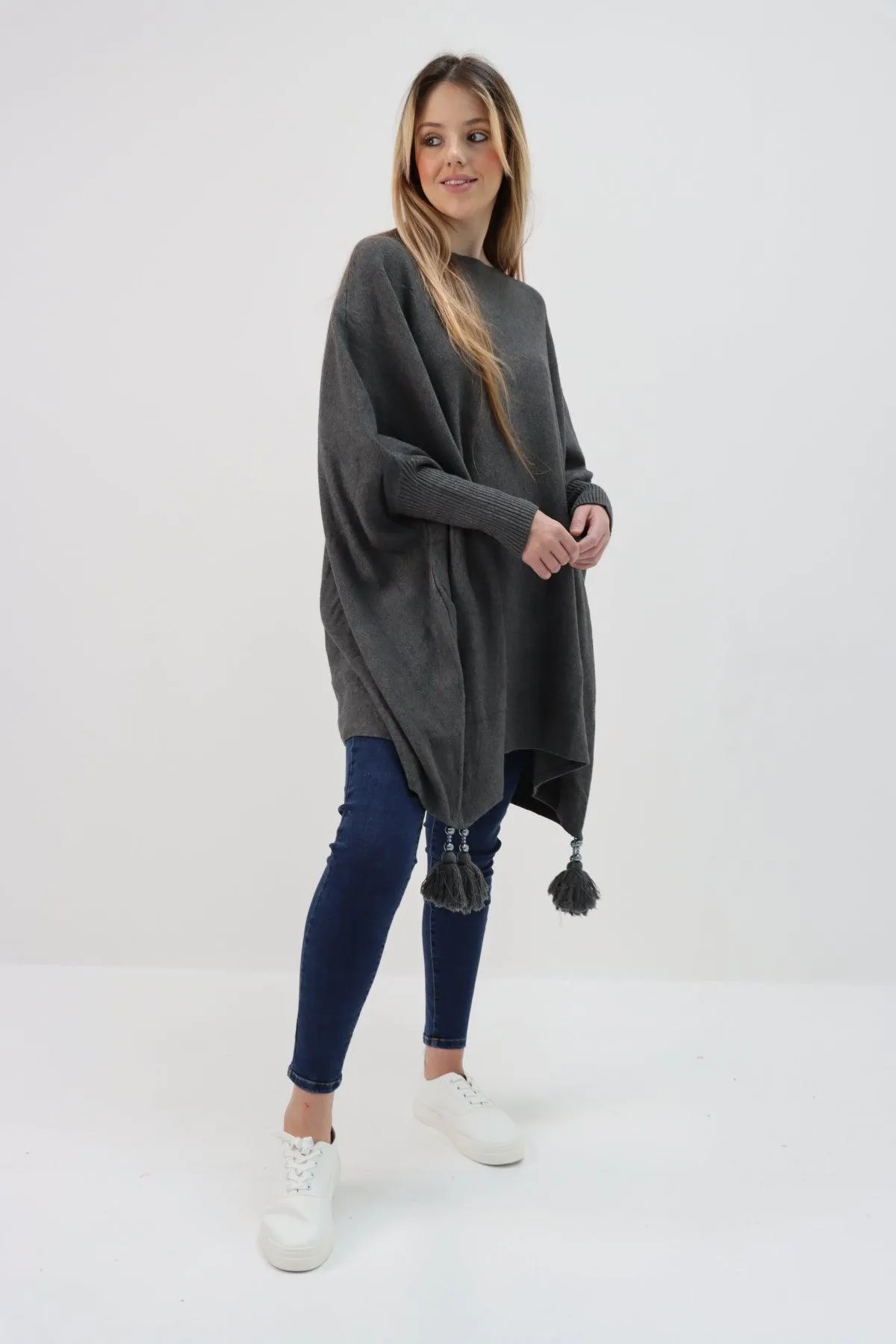 Womens Tassel Poncho Round Neck Knitted Jumper Top