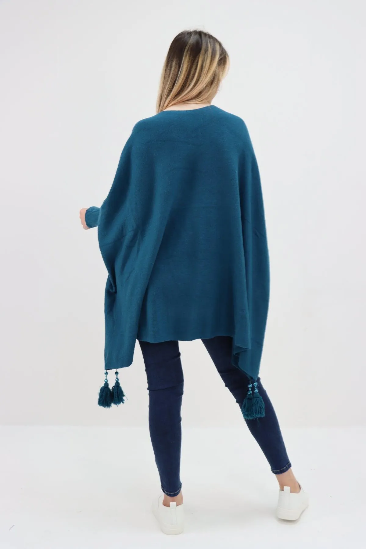 Womens Tassel Poncho Round Neck Knitted Jumper Top