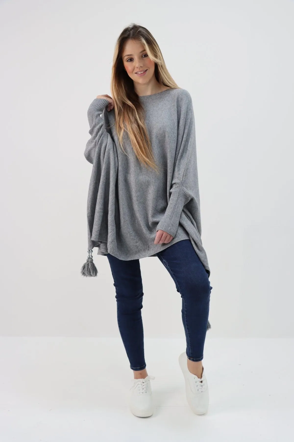 Womens Tassel Poncho Round Neck Knitted Jumper Top