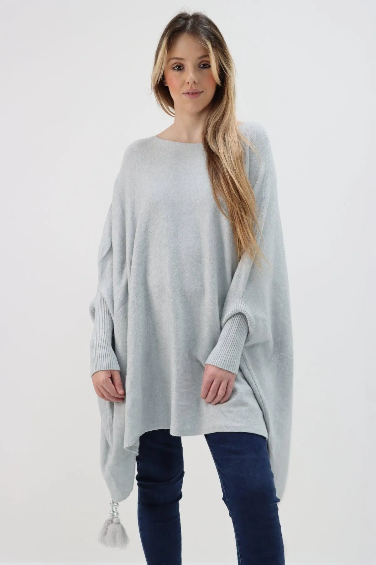 Womens Tassel Poncho Round Neck Knitted Jumper Top