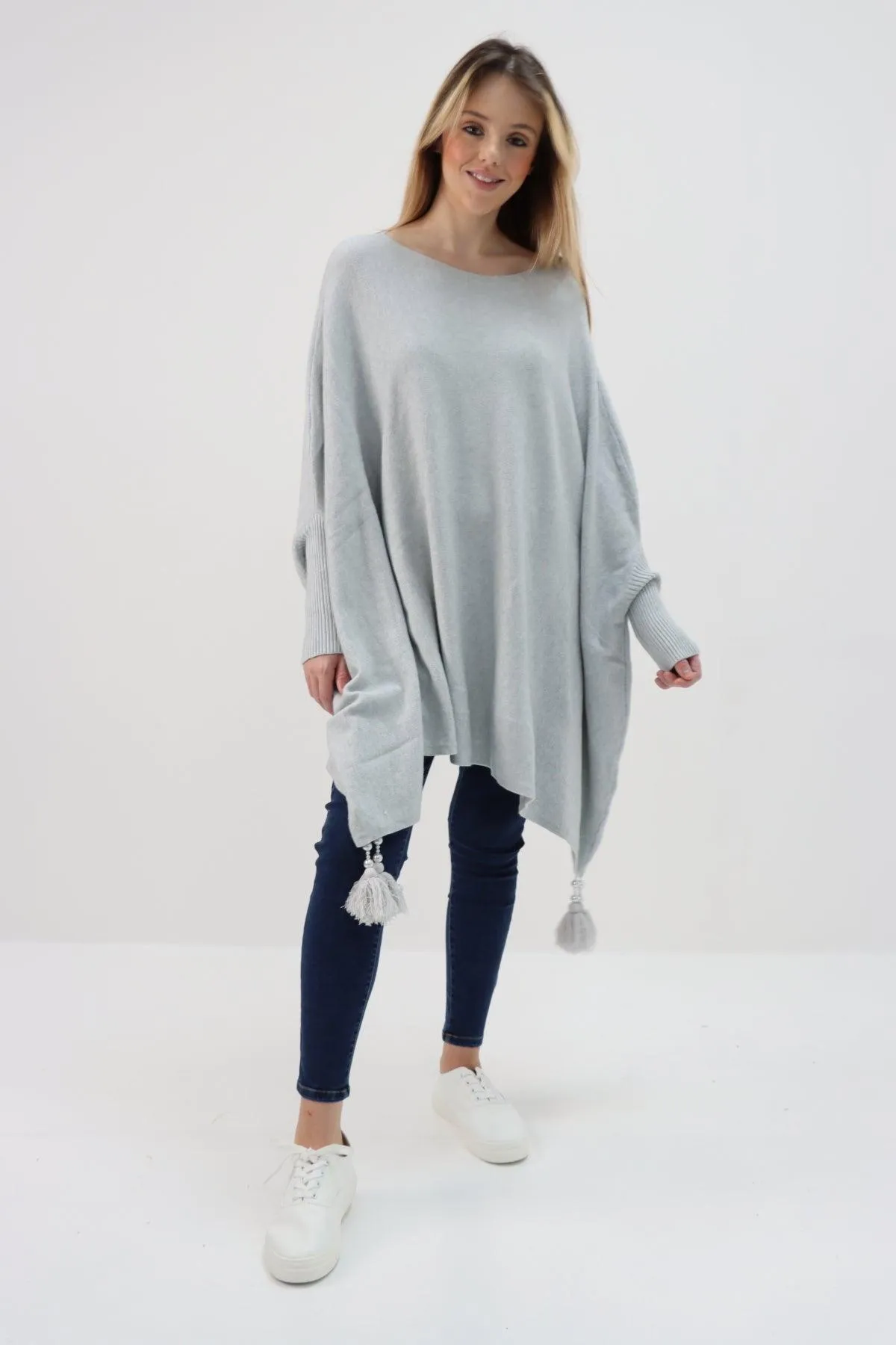 Womens Tassel Poncho Round Neck Knitted Jumper Top