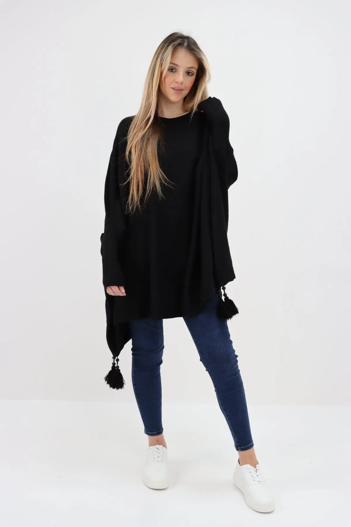 Womens Tassel Poncho Round Neck Knitted Jumper Top