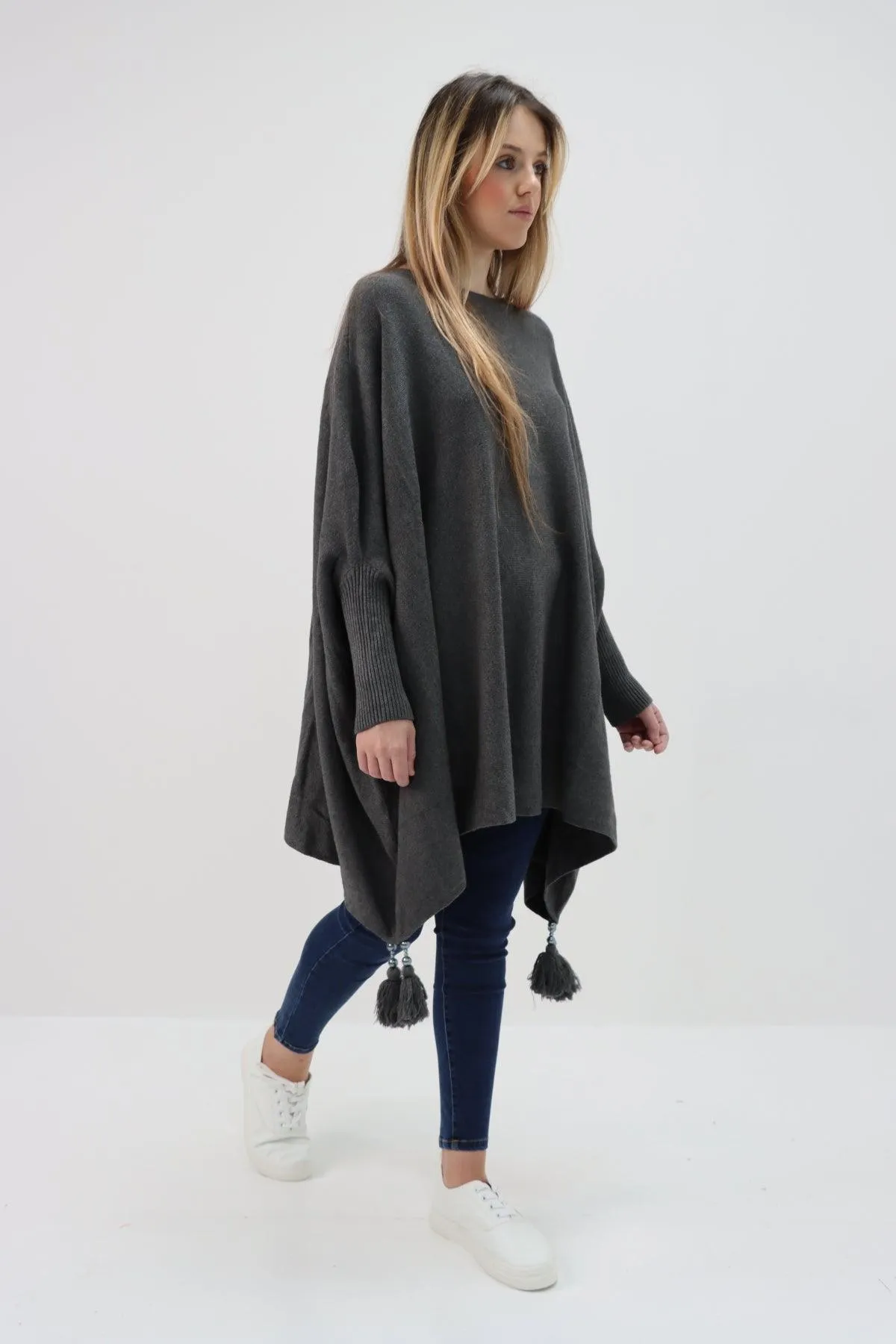 Womens Tassel Poncho Round Neck Knitted Jumper Top