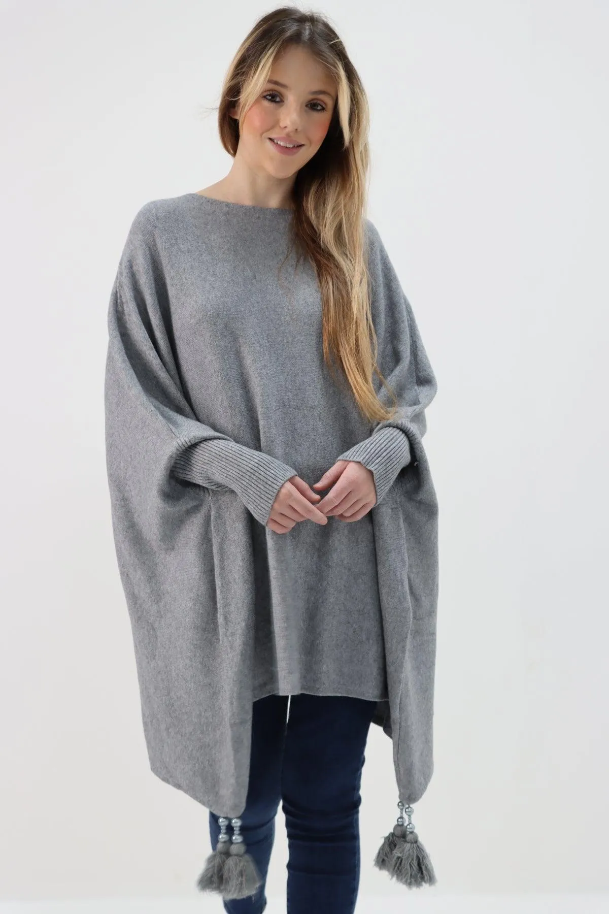 Womens Tassel Poncho Round Neck Knitted Jumper Top
