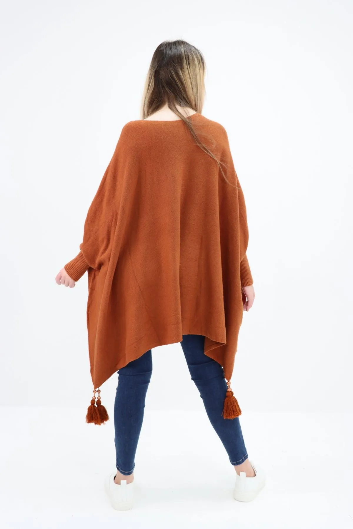 Womens Tassel Poncho Round Neck Knitted Jumper Top