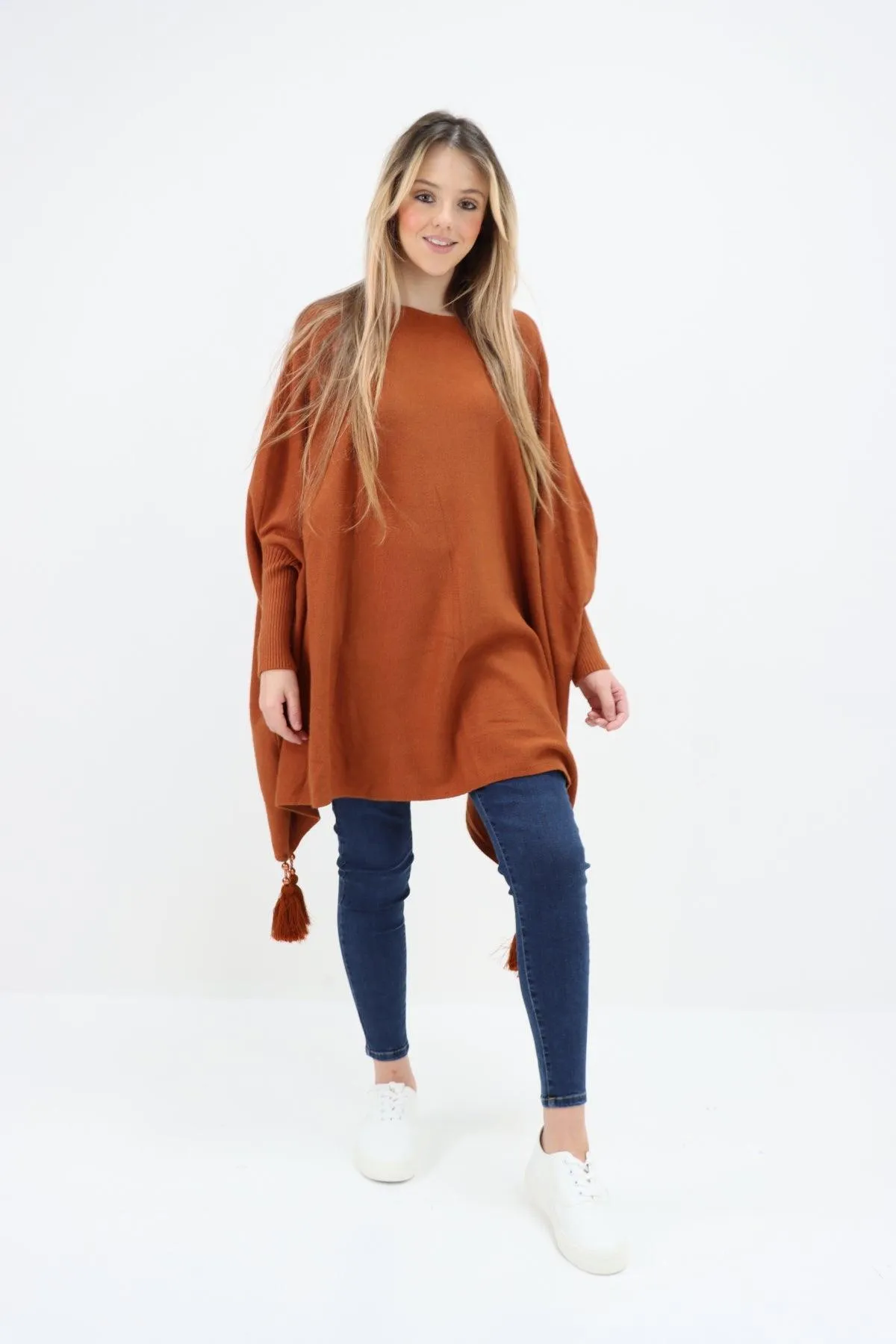 Womens Tassel Poncho Round Neck Knitted Jumper Top