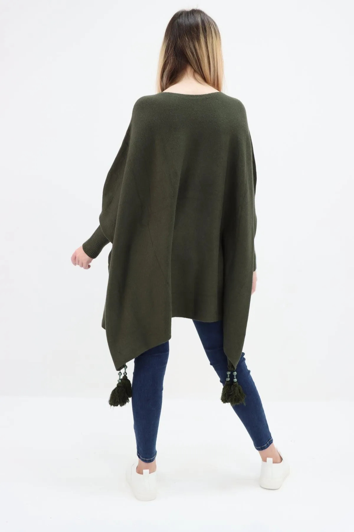 Womens Tassel Poncho Round Neck Knitted Jumper Top