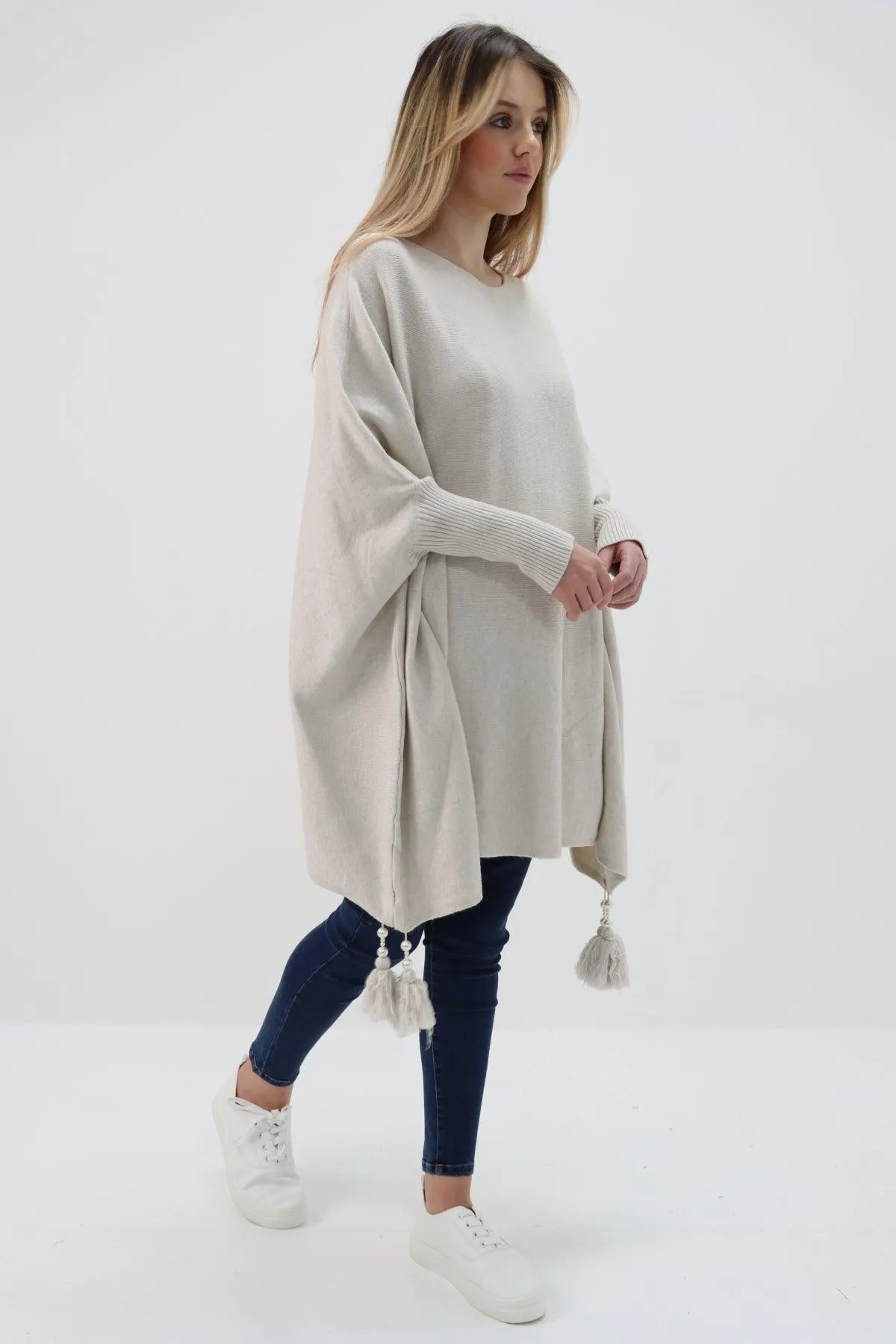 Womens Tassel Poncho Round Neck Knitted Jumper Top