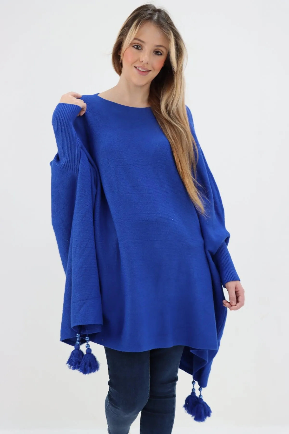 Womens Tassel Poncho Round Neck Knitted Jumper Top