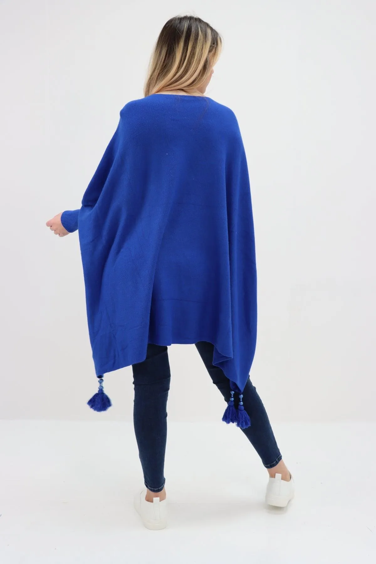 Womens Tassel Poncho Round Neck Knitted Jumper Top