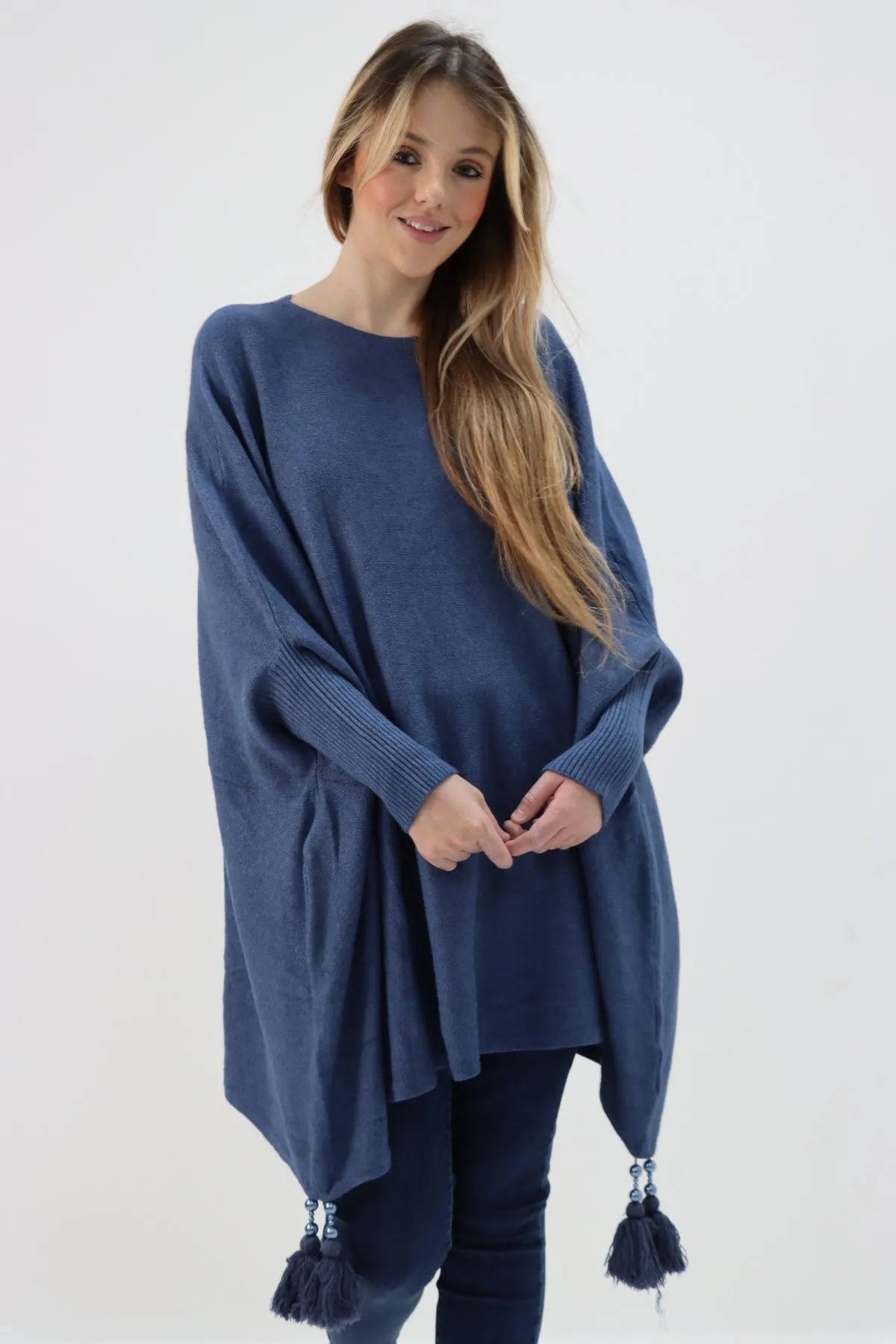 Womens Tassel Poncho Round Neck Knitted Jumper Top
