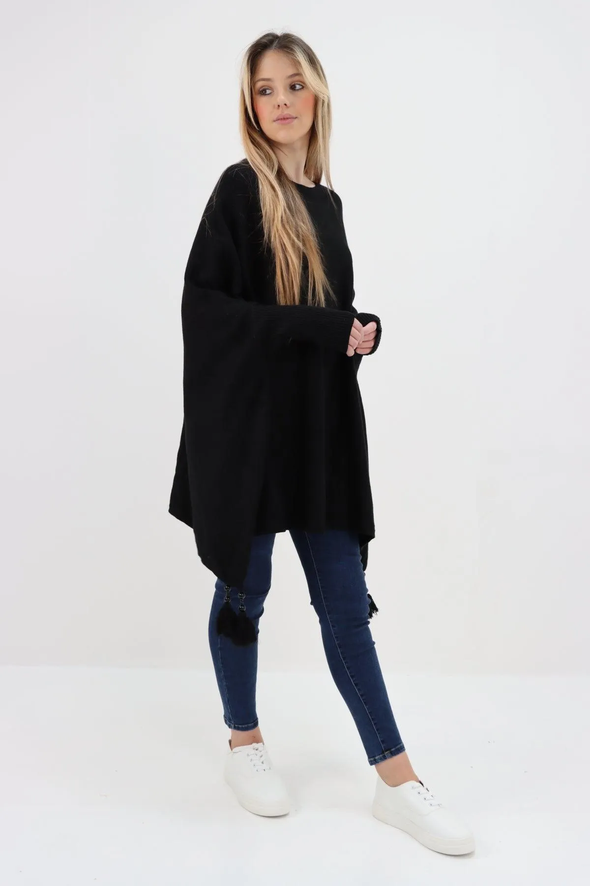 Womens Tassel Poncho Round Neck Knitted Jumper Top