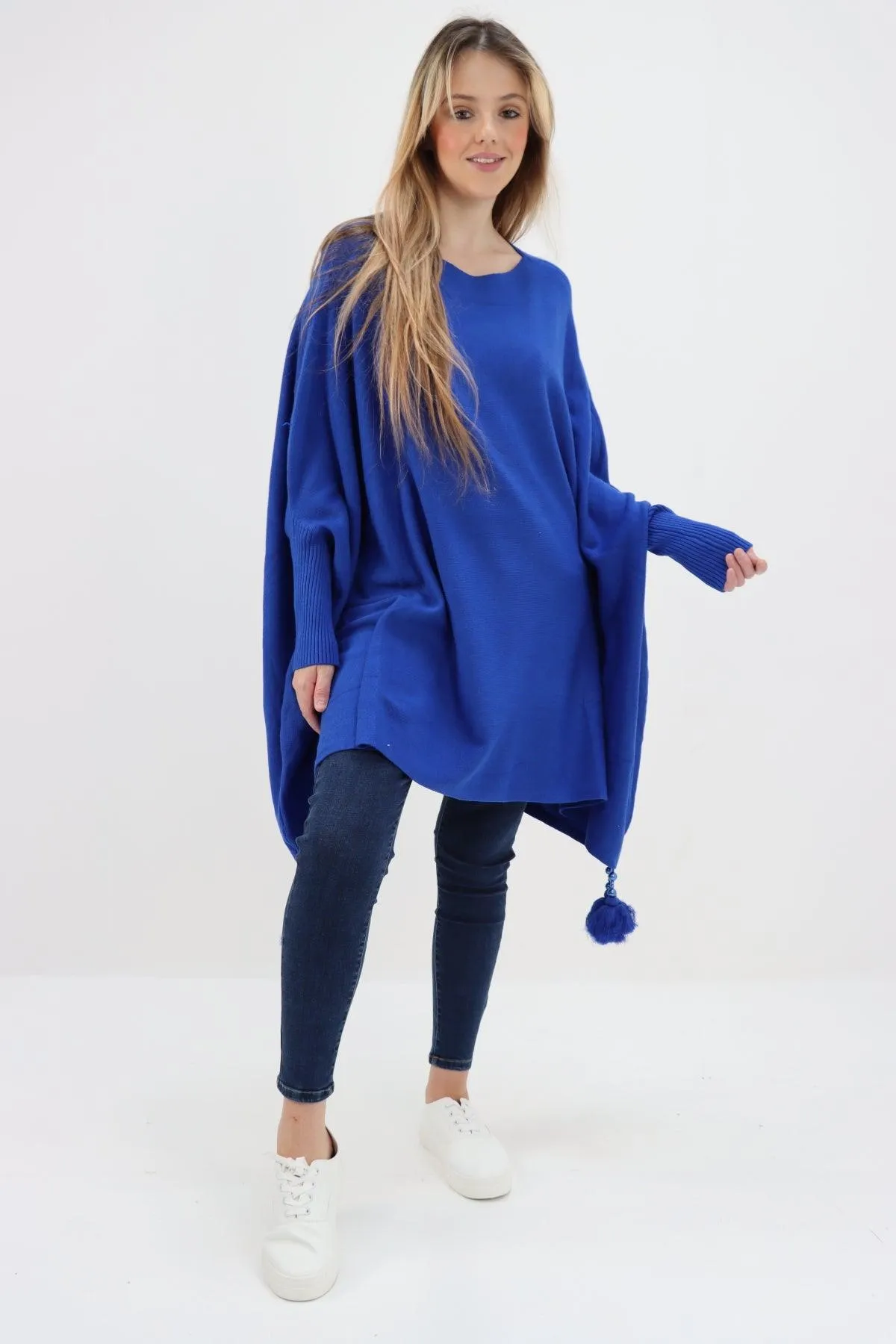 Womens Tassel Poncho Round Neck Knitted Jumper Top