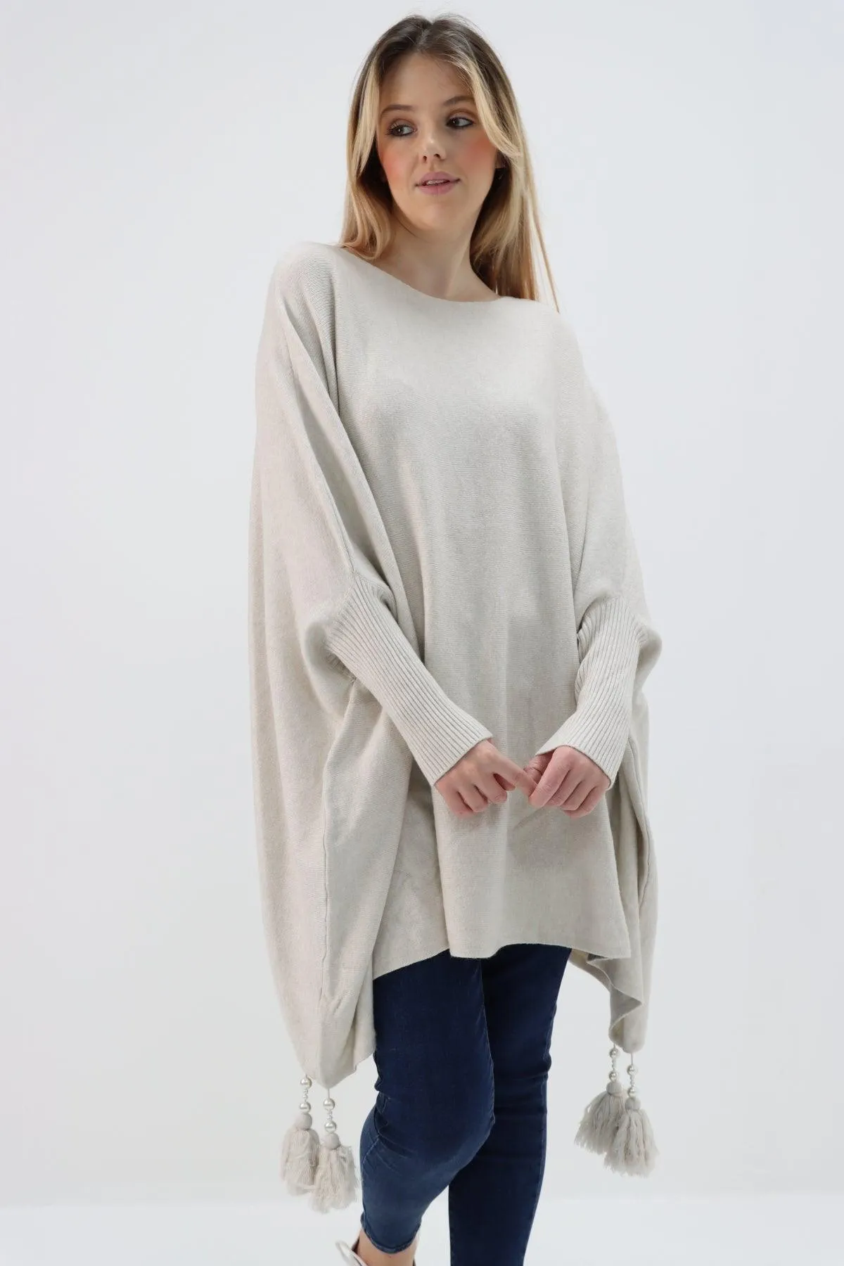 Womens Tassel Poncho Round Neck Knitted Jumper Top