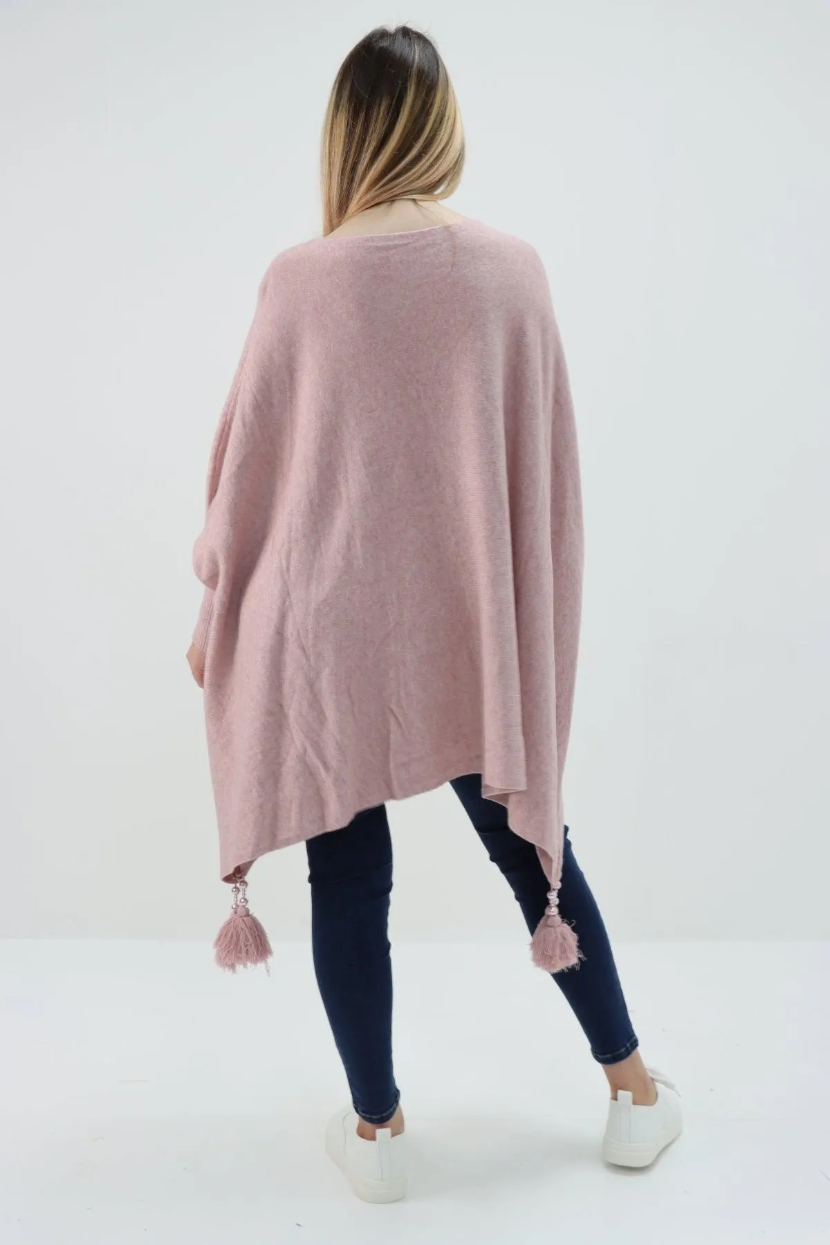 Womens Tassel Poncho Round Neck Knitted Jumper Top