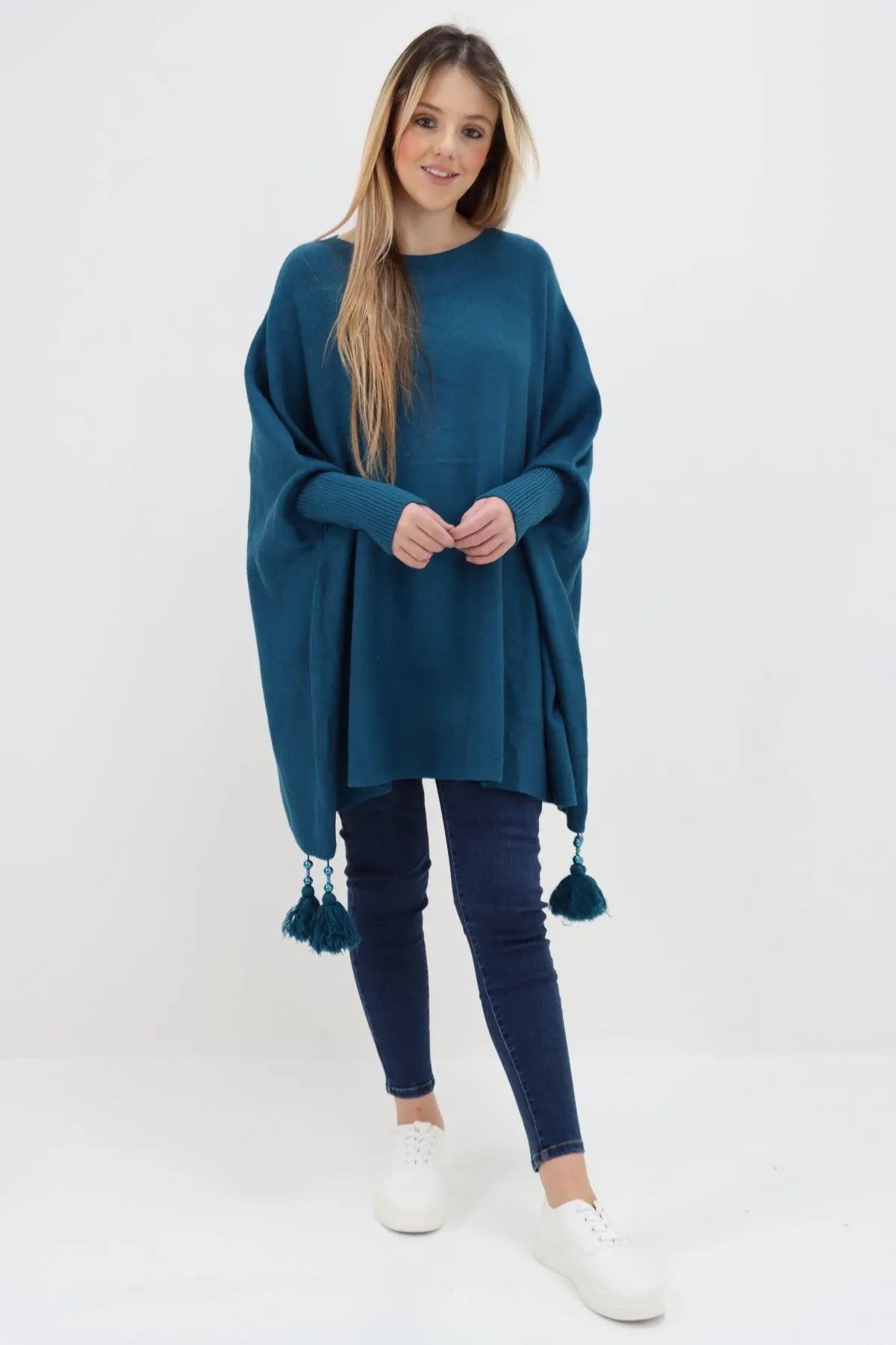 Womens Tassel Poncho Round Neck Knitted Jumper Top
