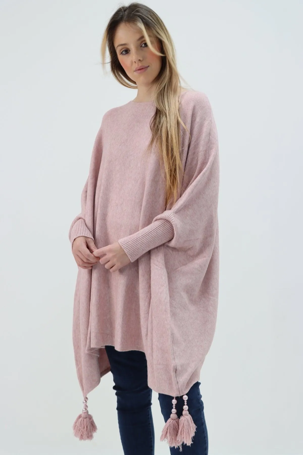 Womens Tassel Poncho Round Neck Knitted Jumper Top