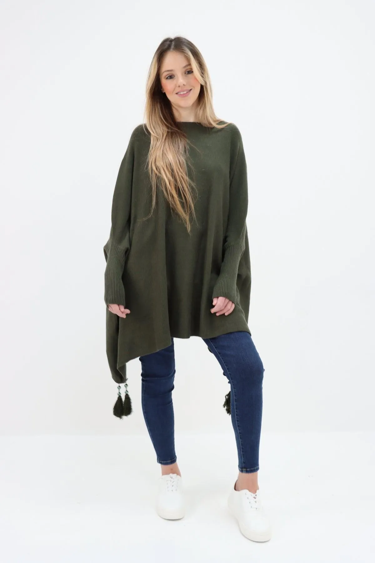 Womens Tassel Poncho Round Neck Knitted Jumper Top