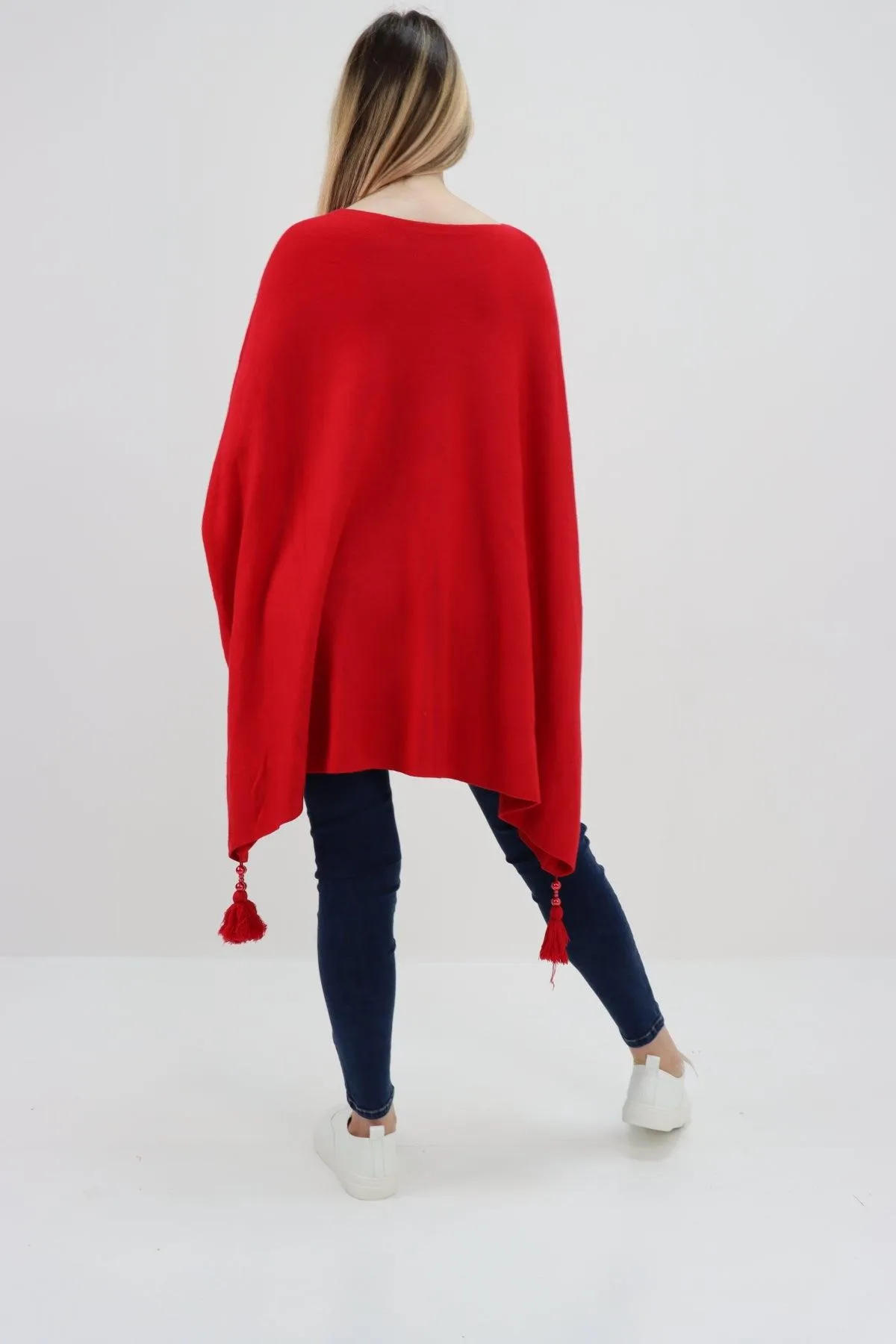 Womens Tassel Poncho Round Neck Knitted Jumper Top