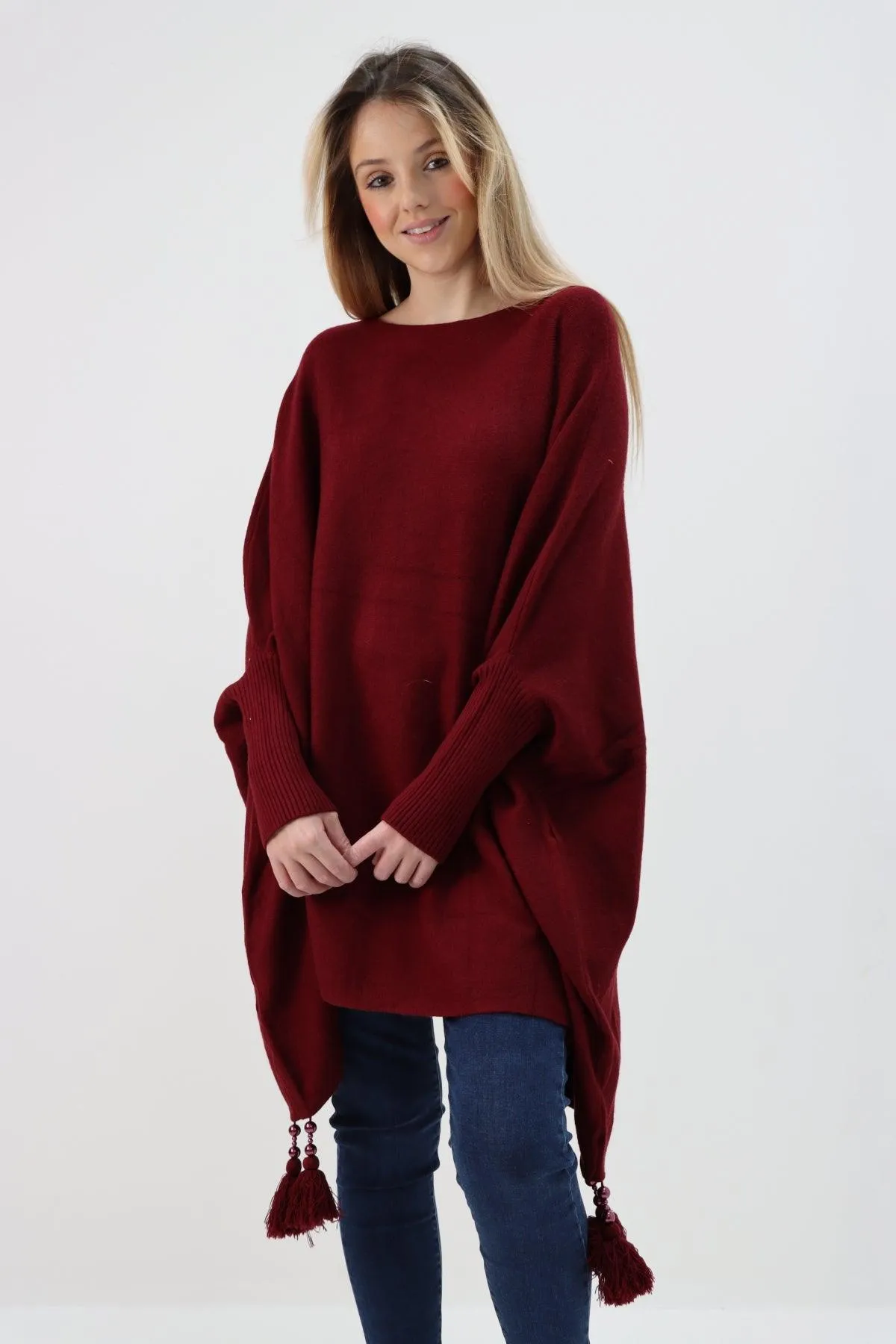 Womens Tassel Poncho Round Neck Knitted Jumper Top