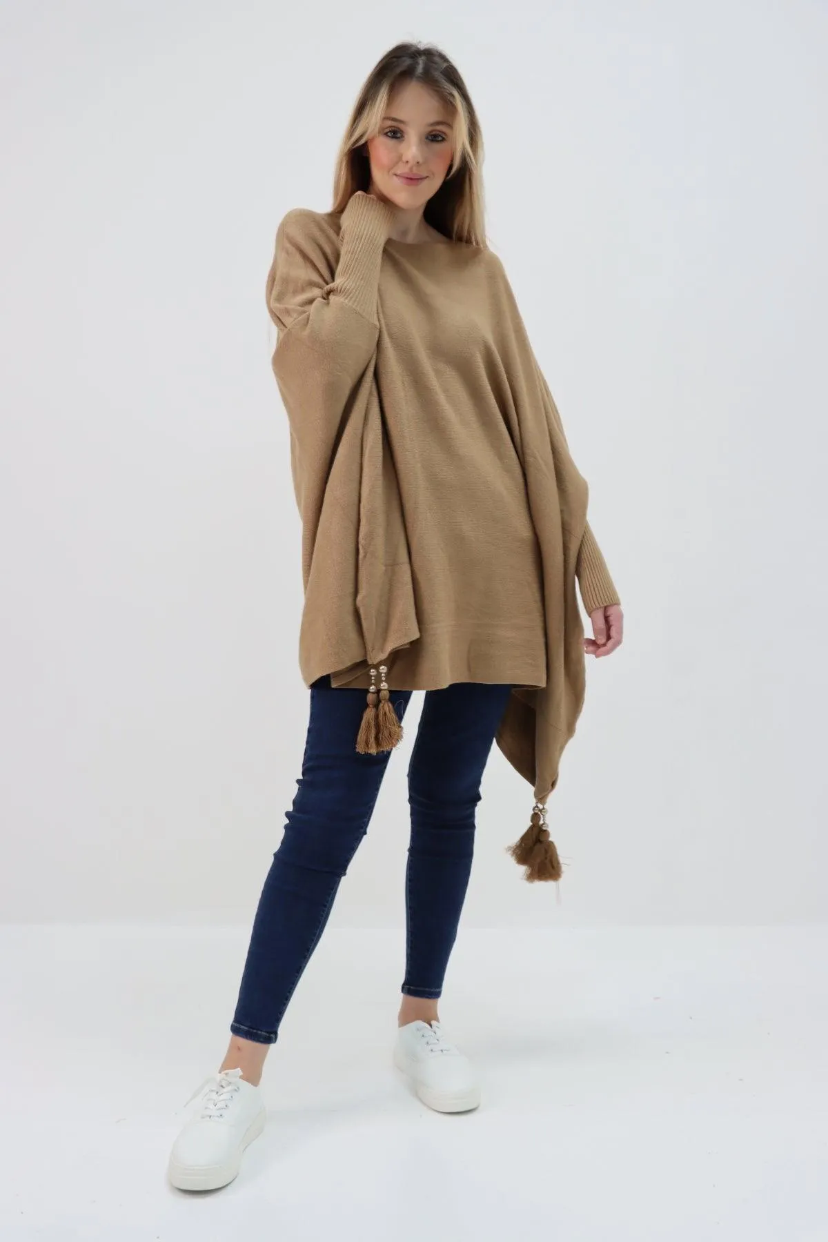 Womens Tassel Poncho Round Neck Knitted Jumper Top