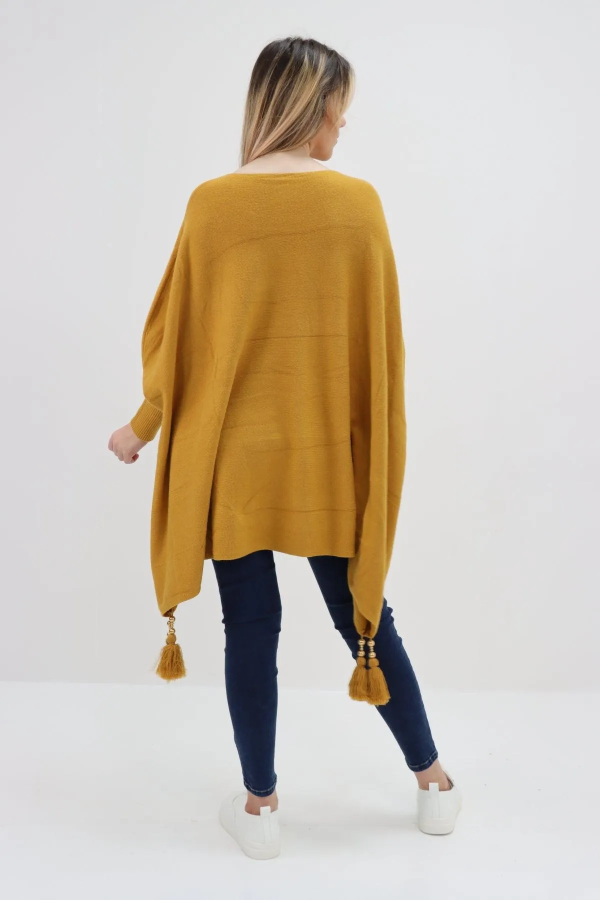 Womens Tassel Poncho Round Neck Knitted Jumper Top