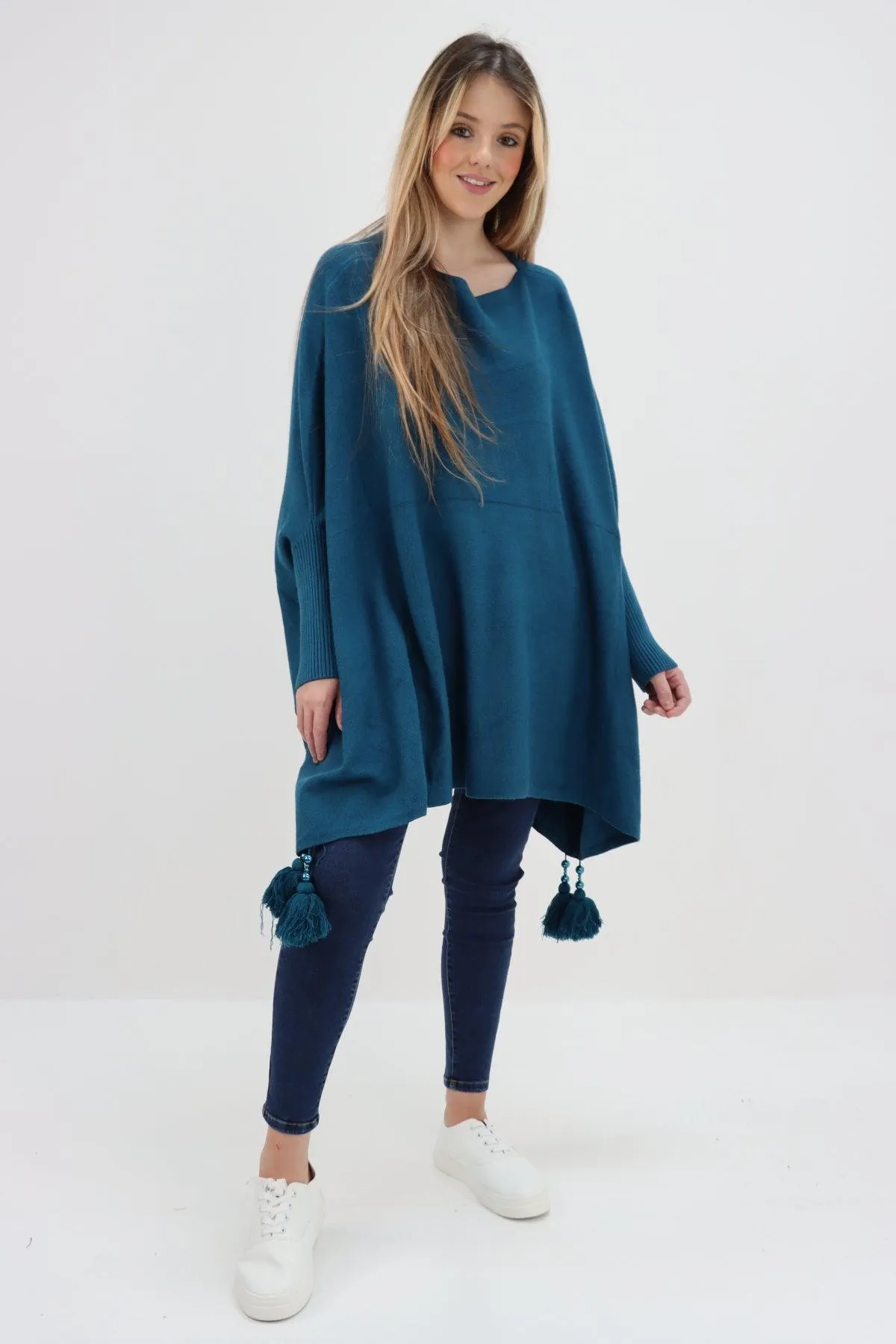 Womens Tassel Poncho Round Neck Knitted Jumper Top