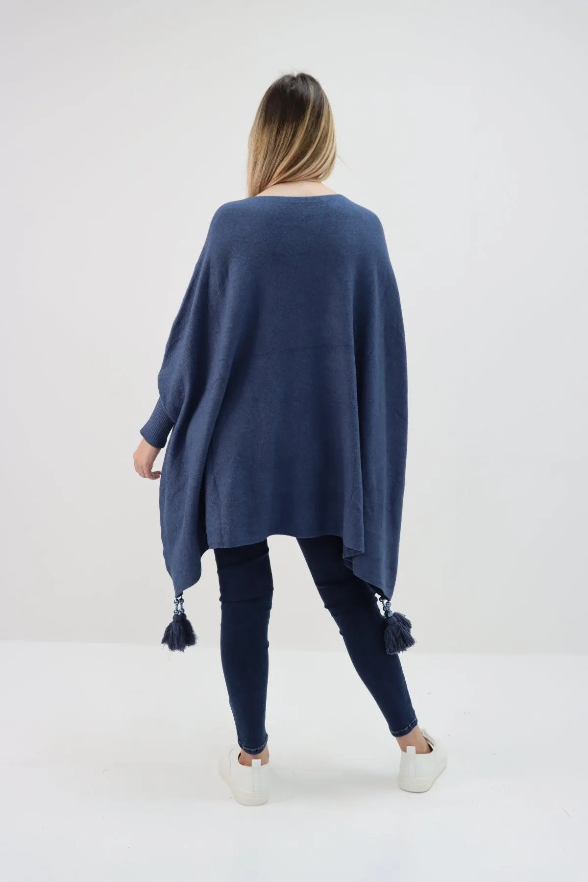 Womens Tassel Poncho Round Neck Knitted Jumper Top
