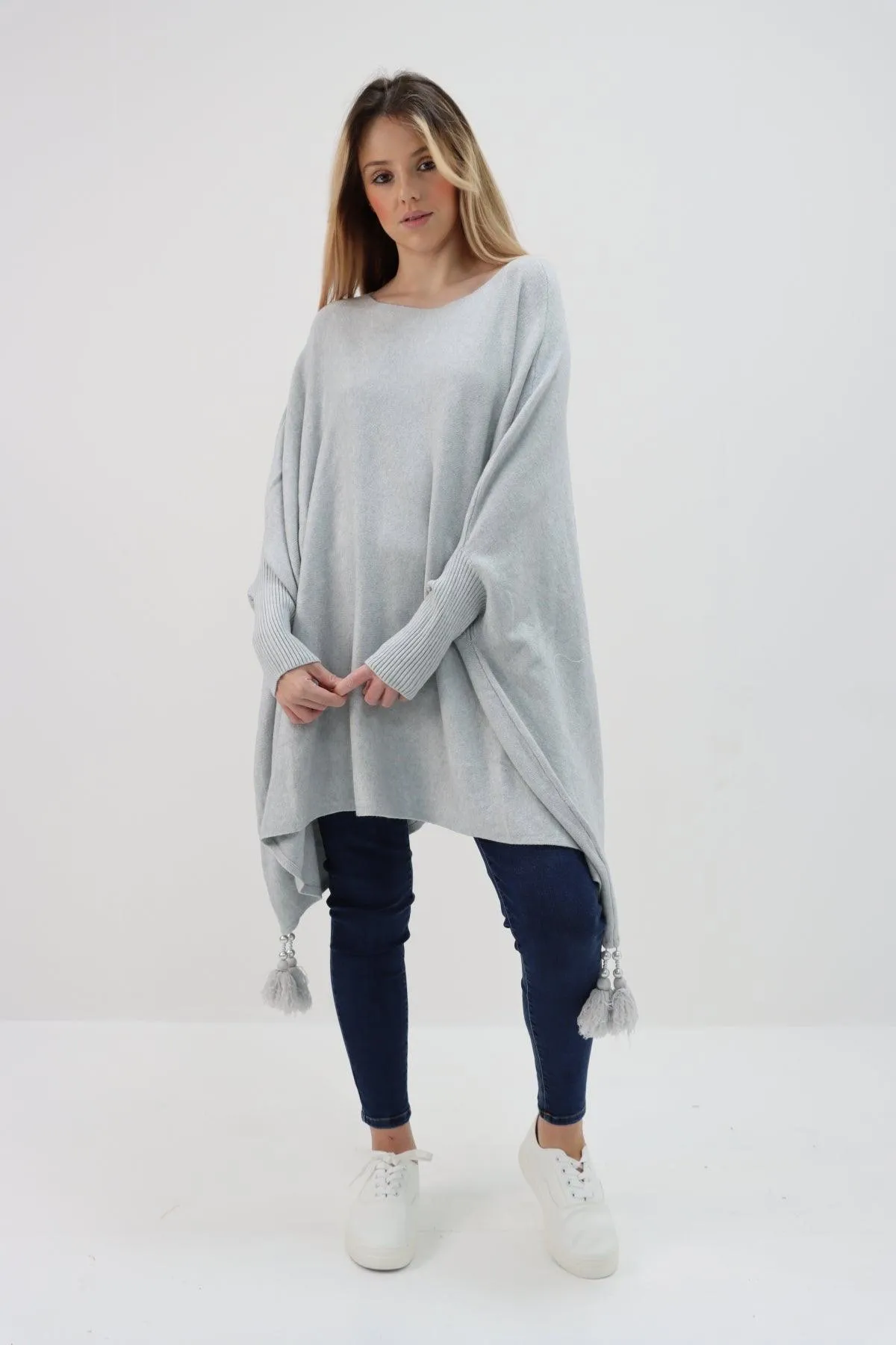 Womens Tassel Poncho Round Neck Knitted Jumper Top