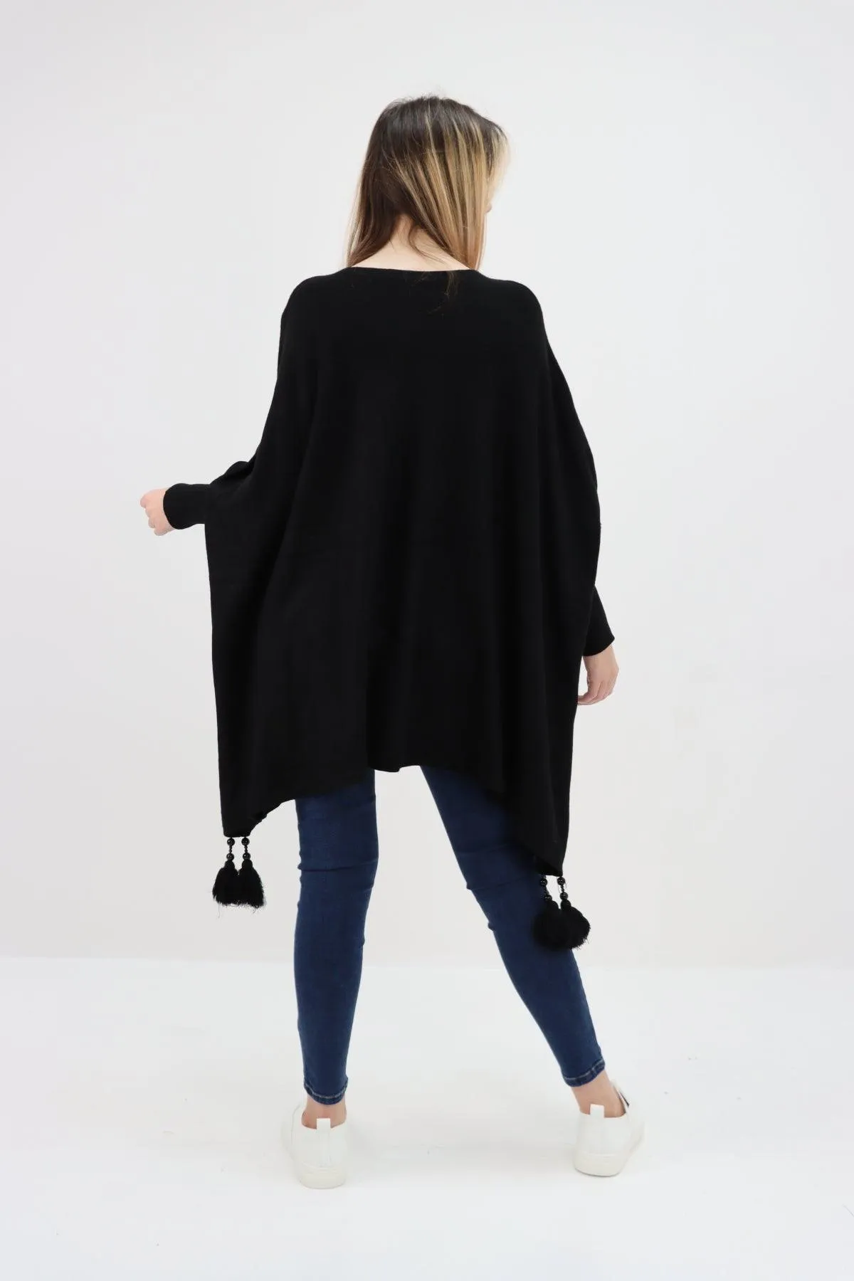 Womens Tassel Poncho Round Neck Knitted Jumper Top