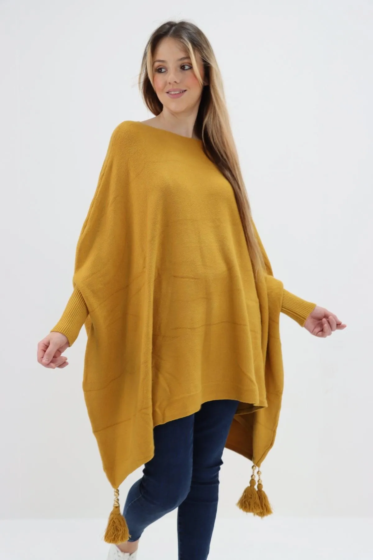 Womens Tassel Poncho Round Neck Knitted Jumper Top