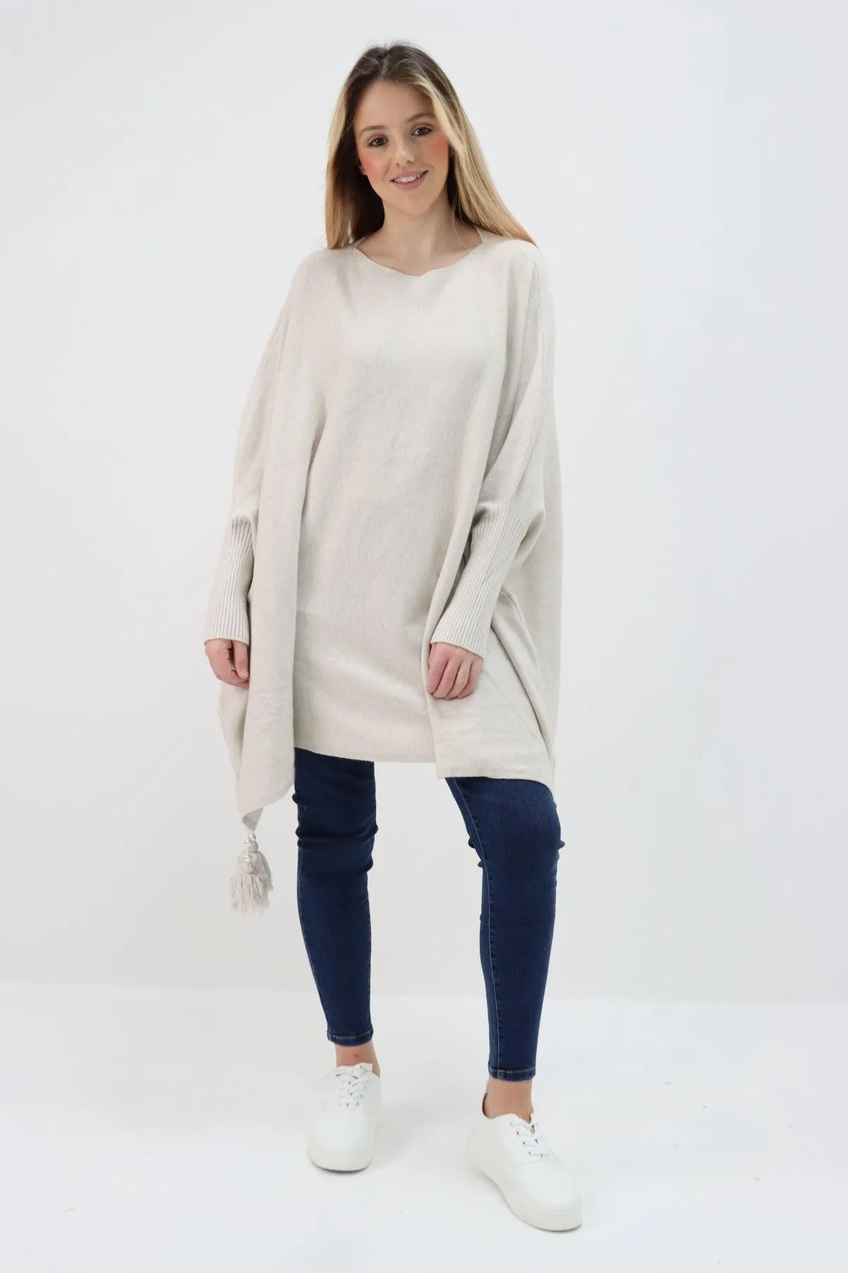 Womens Tassel Poncho Round Neck Knitted Jumper Top